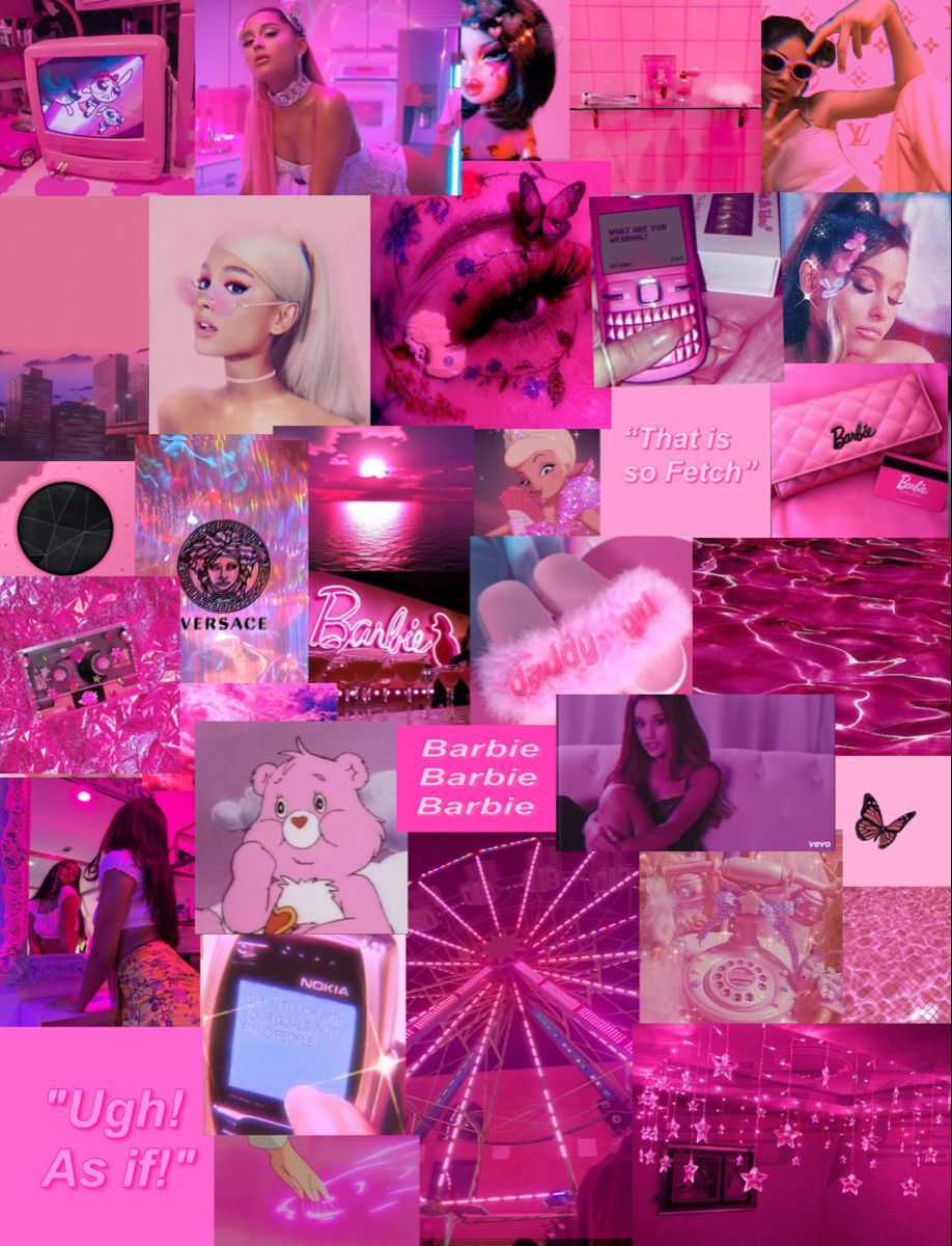 A collage of pink aesthetic images featuring Ariana Grande, Barbie, and Versace. - Neon pink, Barbie