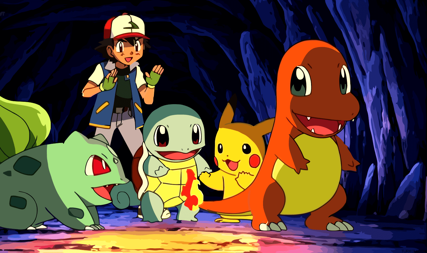 Pokemon characters are standing in front of a cave. - Pokemon