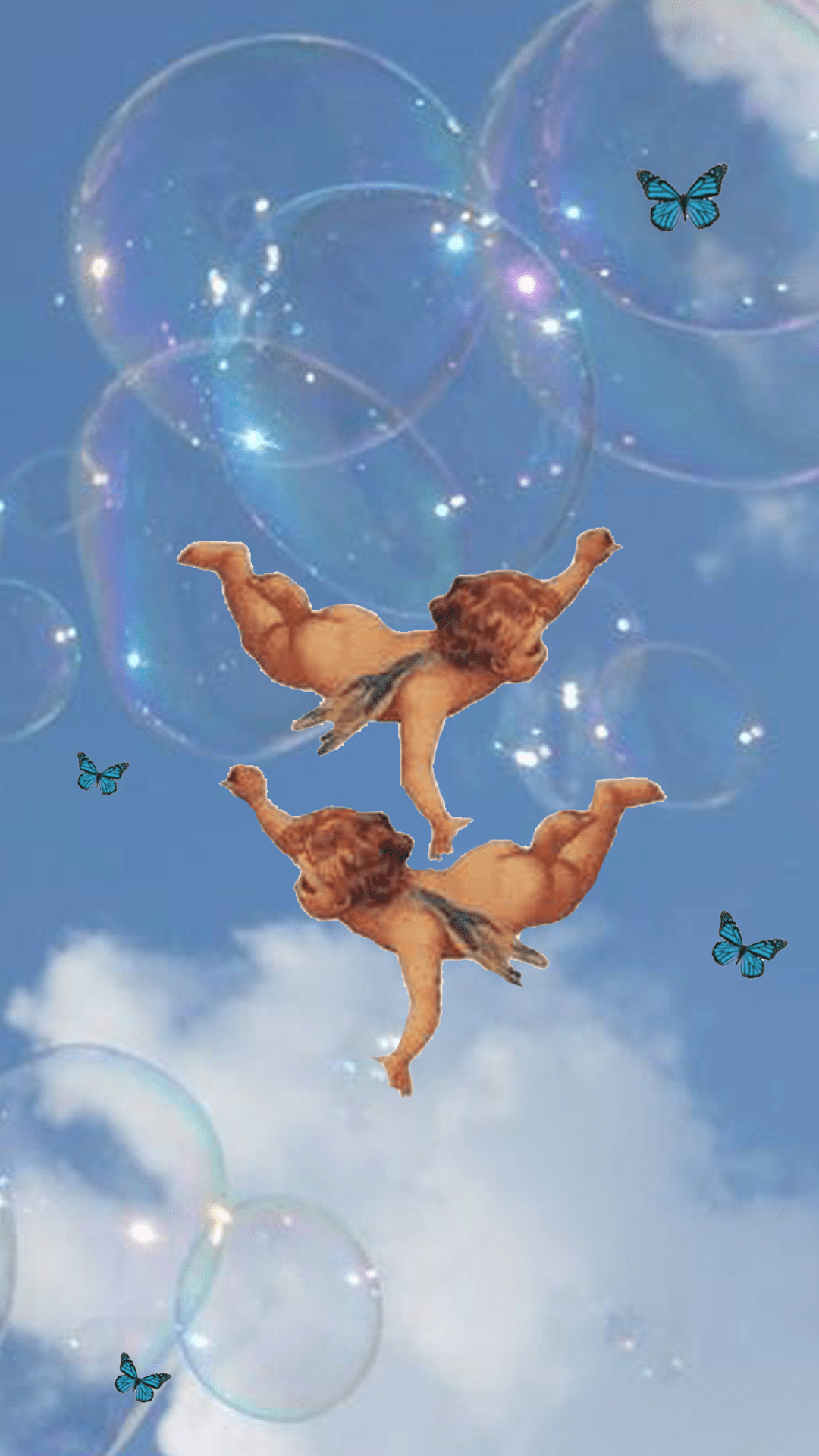 A digital collage of three cherubs flying through a sky filled with bubbles - Angels