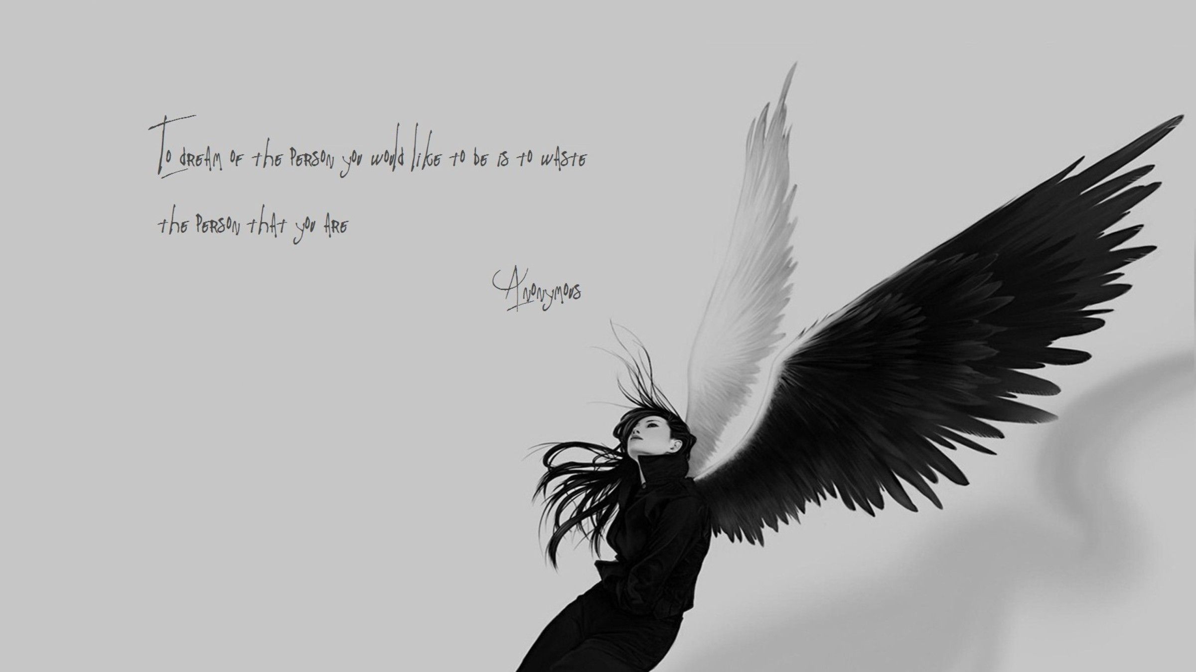 Black and white photo of a woman with black hair and black clothes, with black and white wings, and a quote from Shakespeare's Hamlet. - Angels, sad quotes, wings