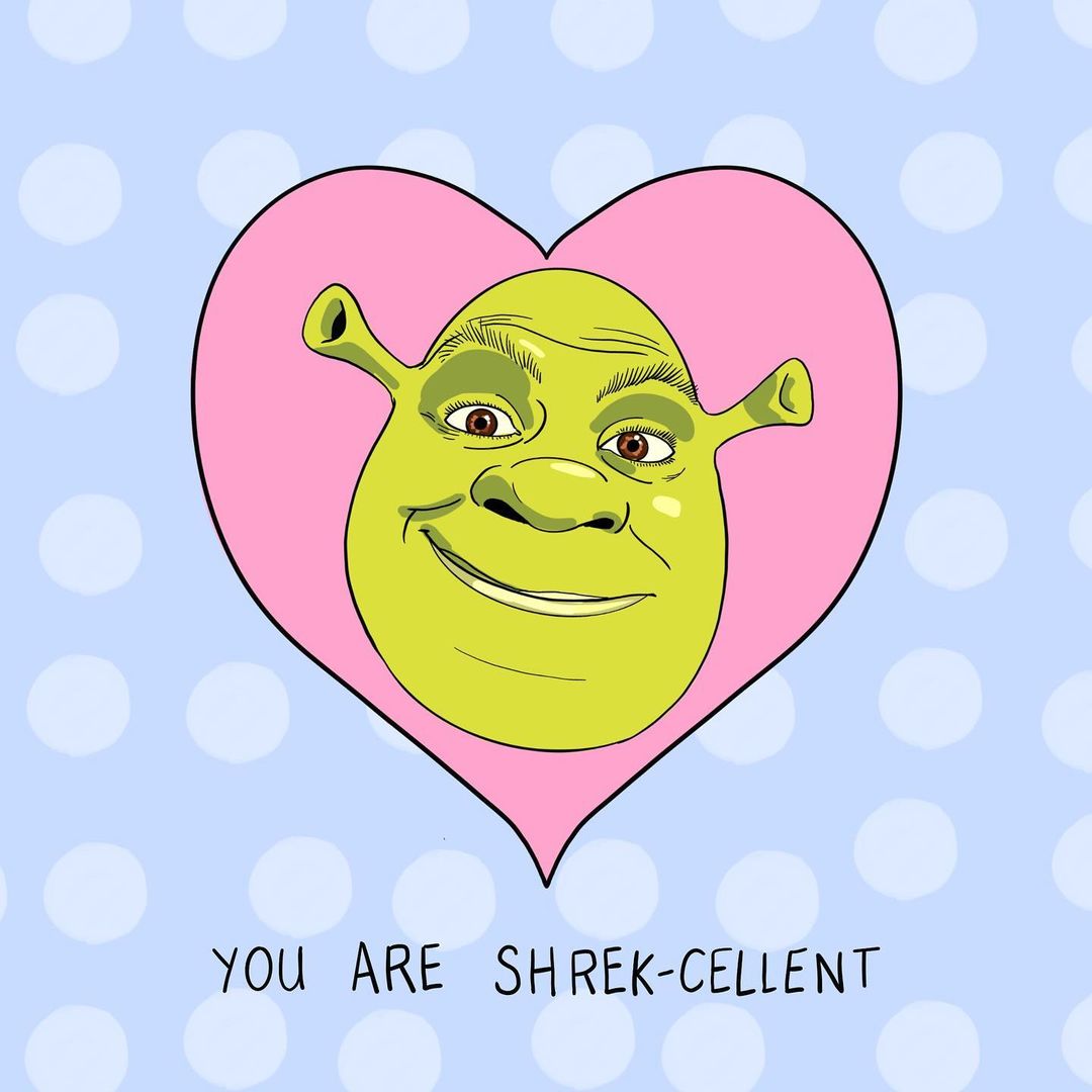 A Shrek face with a pink heart behind it and the words 