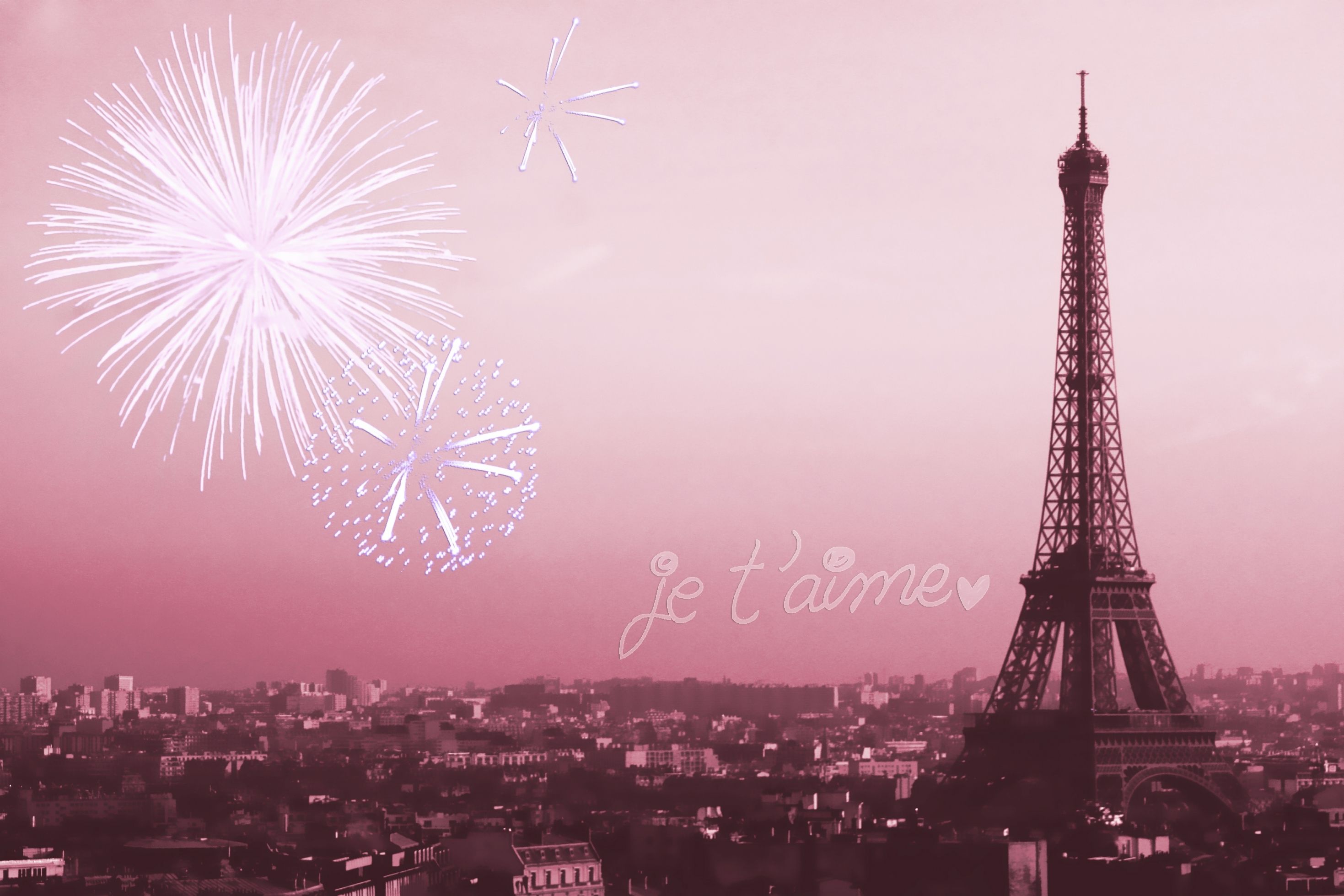 Pink and white photograph of the Eiffel Tower with fireworks in the sky - Paris, Eiffel Tower