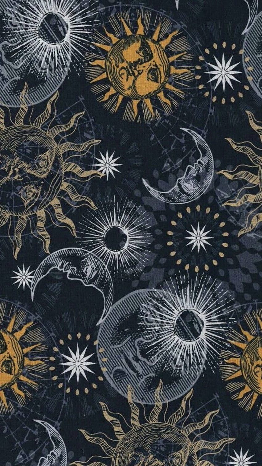 A pattern of suns and stars on black fabric - Sun