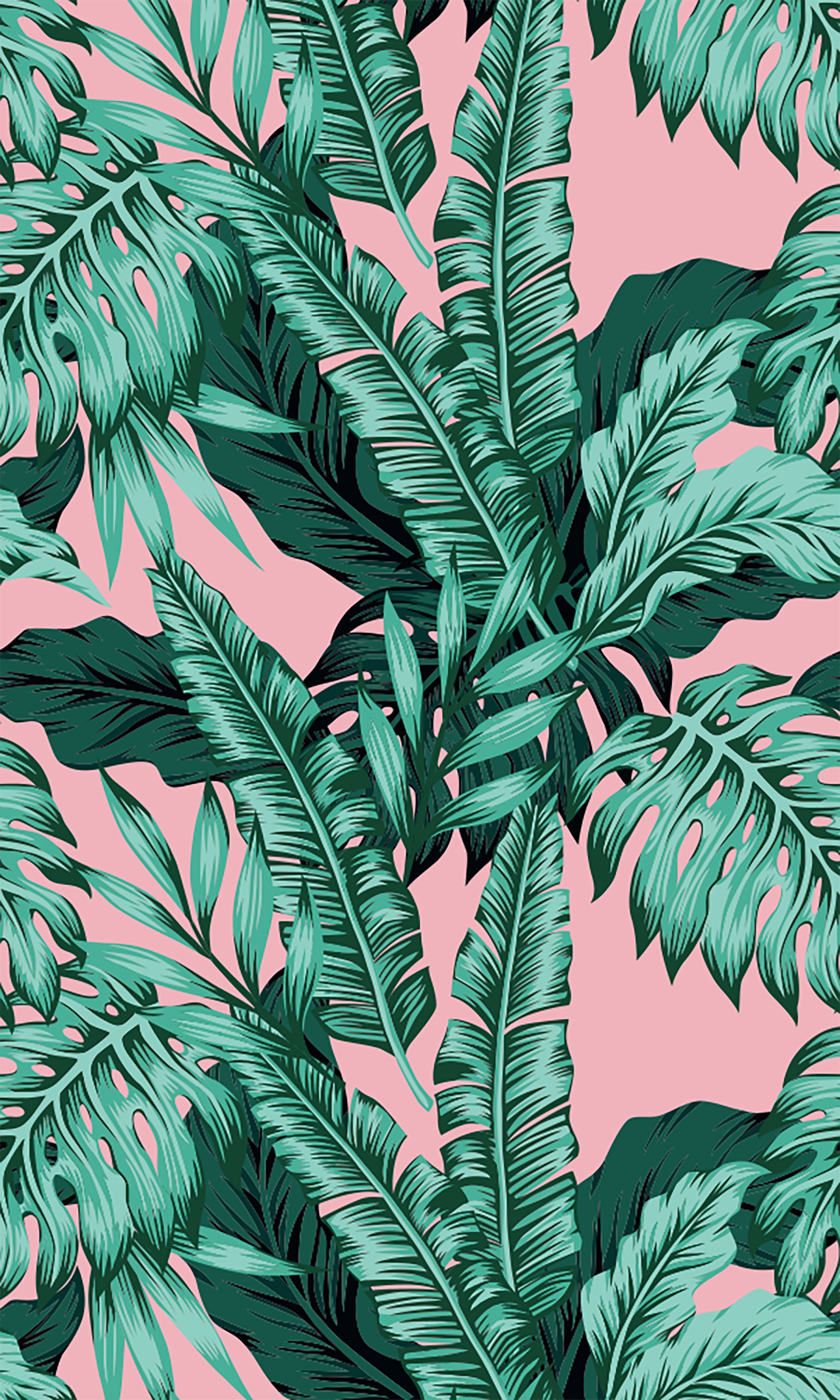 A tropical pattern with green leaves and pink background - Tropical