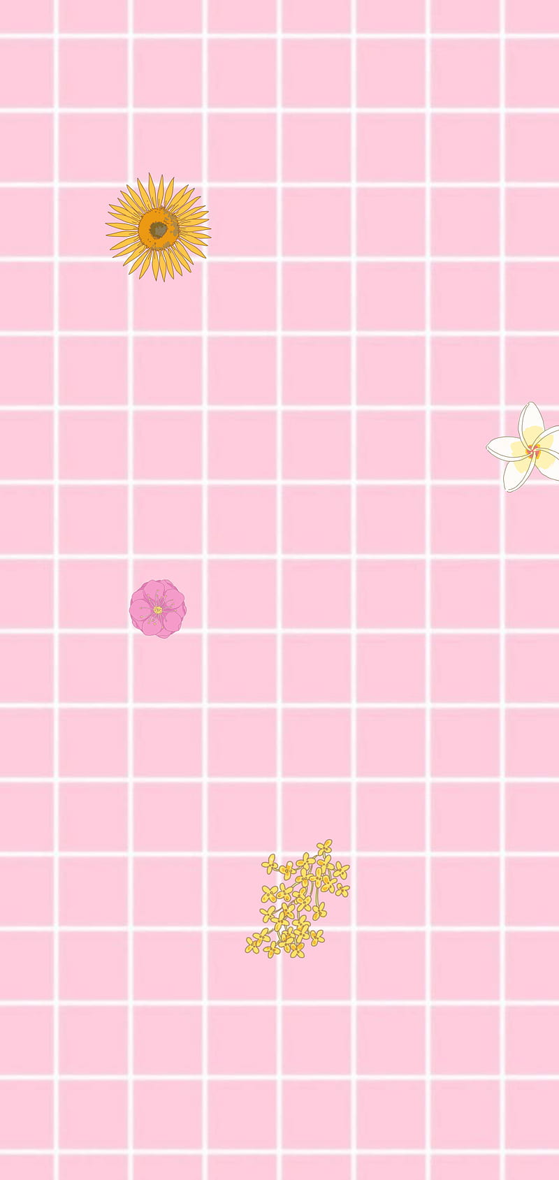 Aesthetic wallpaper for phone background, pink grid background with small flowers - Soft pink
