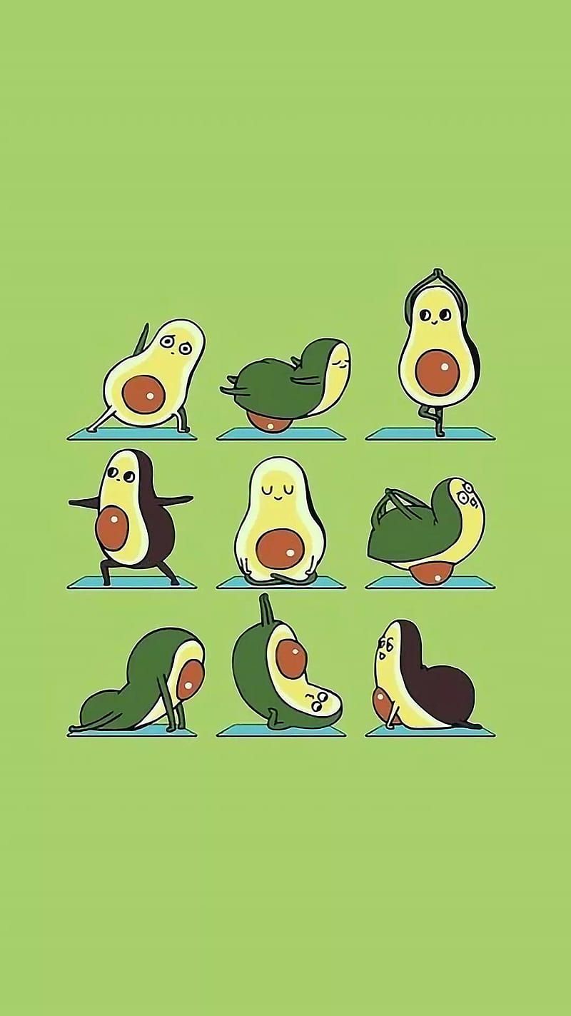 A cartoon avocado doing yoga in various poses. - Avocado