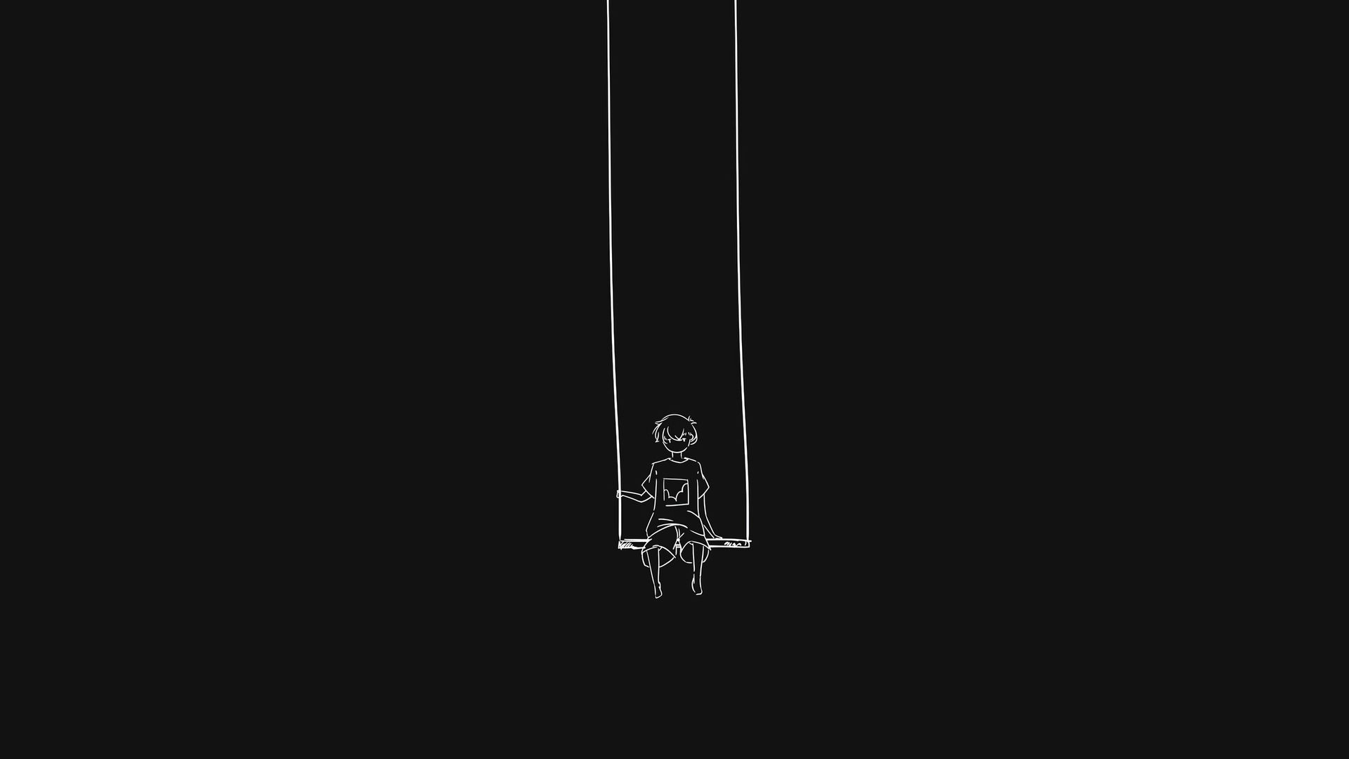 A black and white image of a boy sitting on a swing. - Dark
