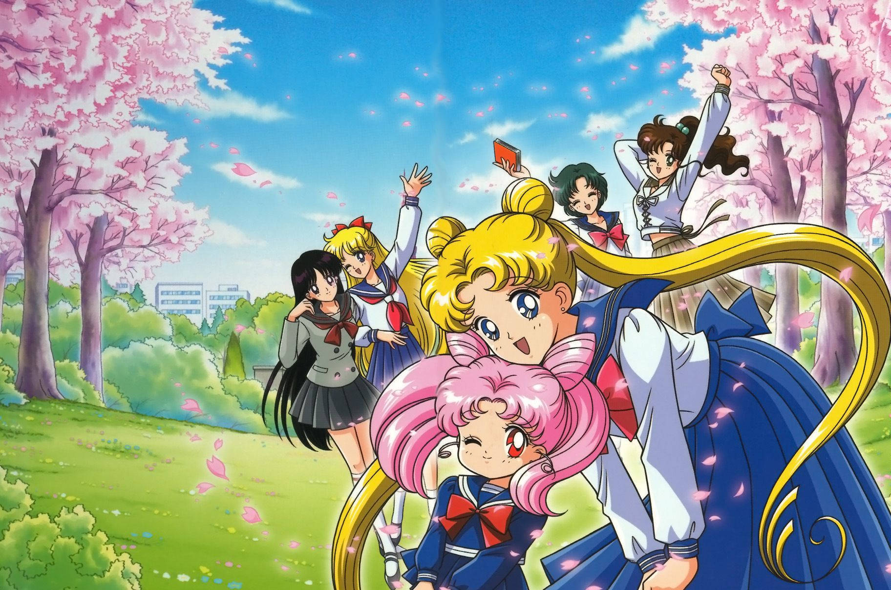 A blonde girl in a blue and white sailor suit with a long braid and a red bow in her hair stands in front of a pink haired girl in a sailor suit and a girl with black hair in a sailor suit. - Sailor Moon