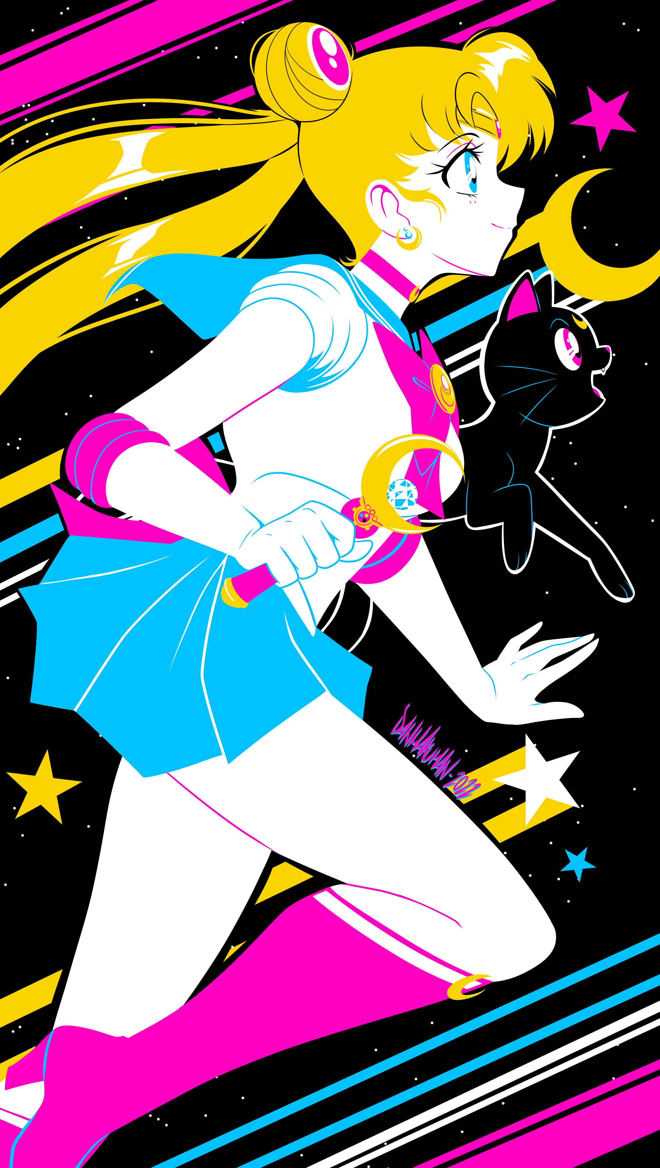 A sailor moon character runs with a cat companion - Sailor Moon