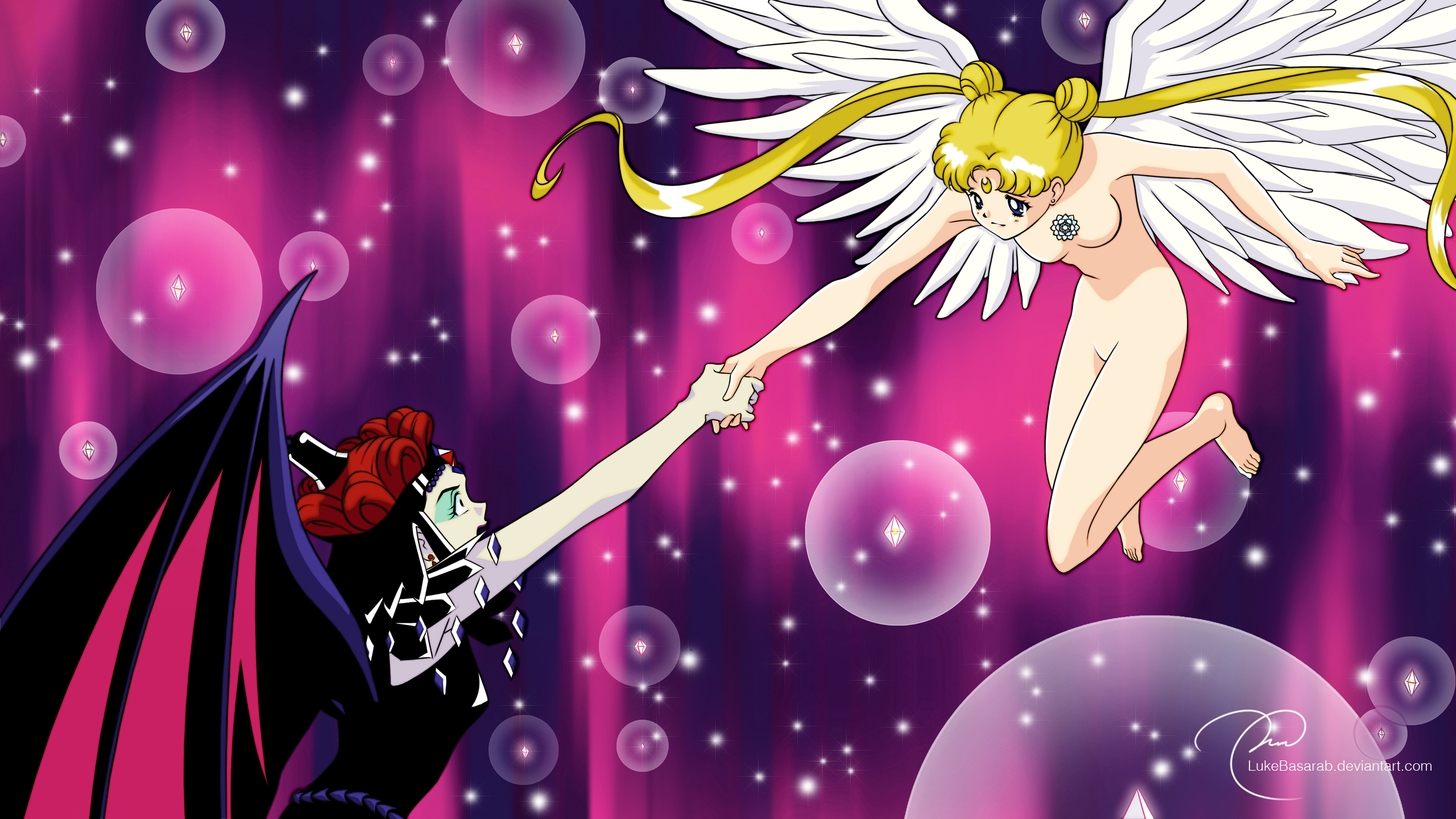 A cartoon of an angel and devil holding hands - Sailor Moon