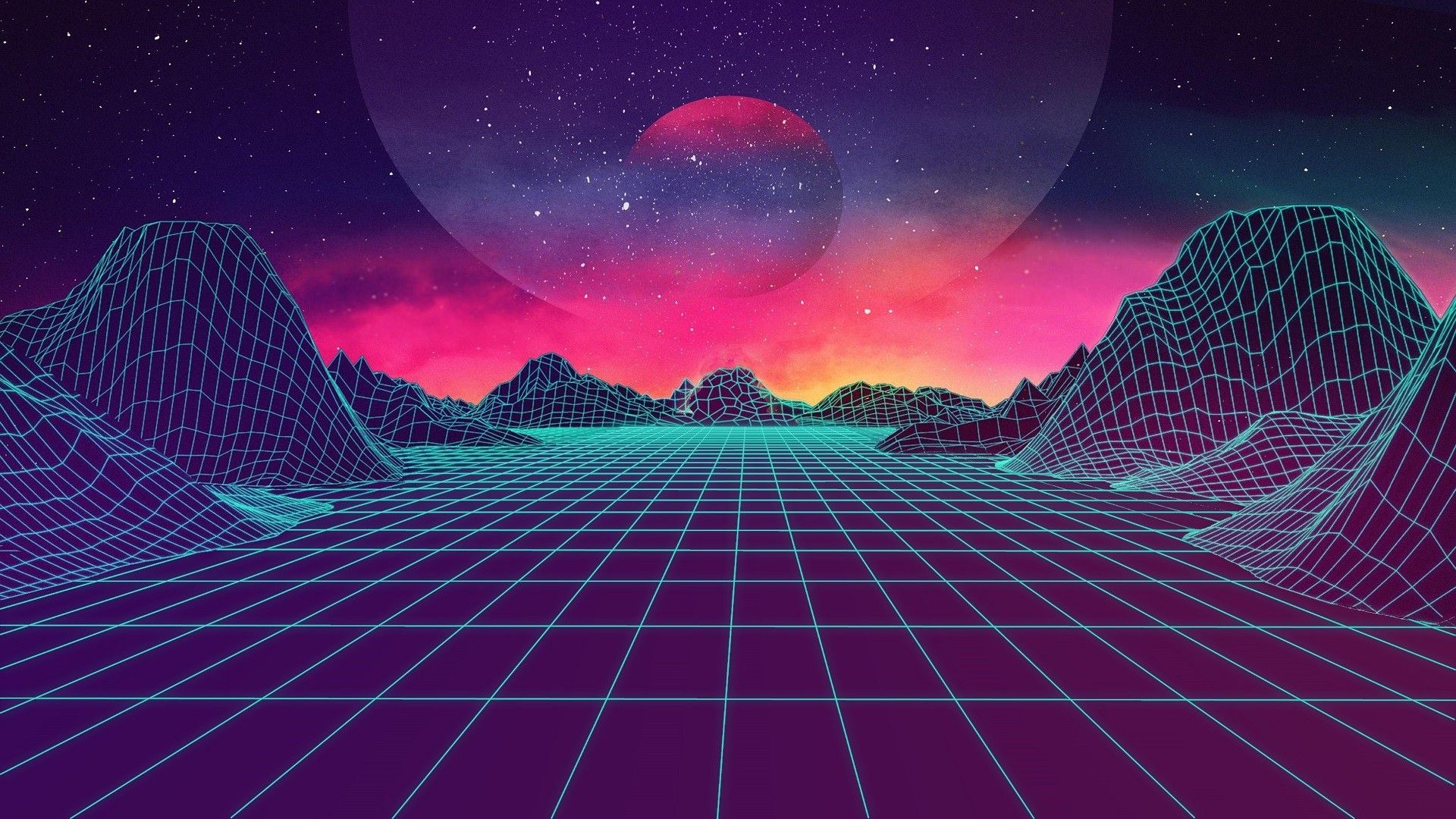 A 3D render of a wireframe landscape with mountains and a planet in the background - Retro