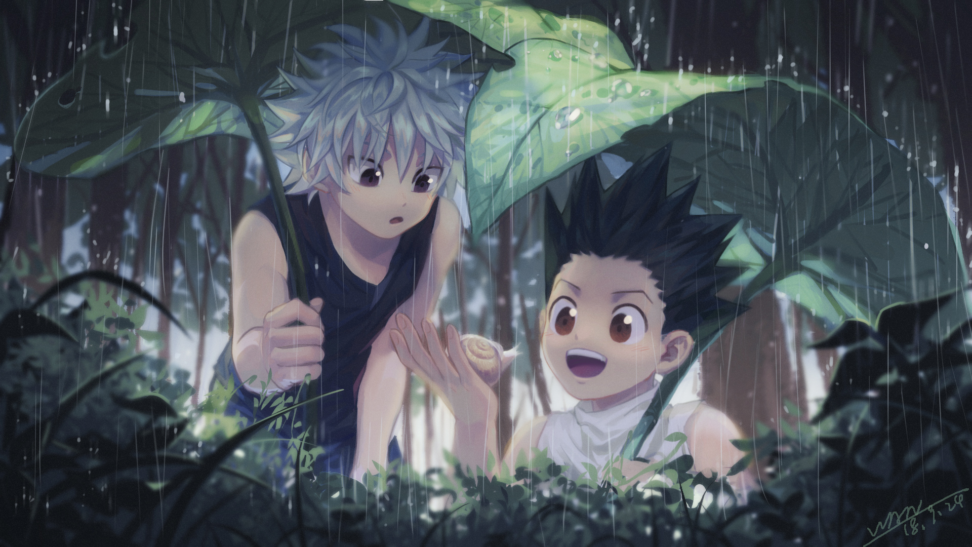 Two anime characters are standing under a tree - Killua