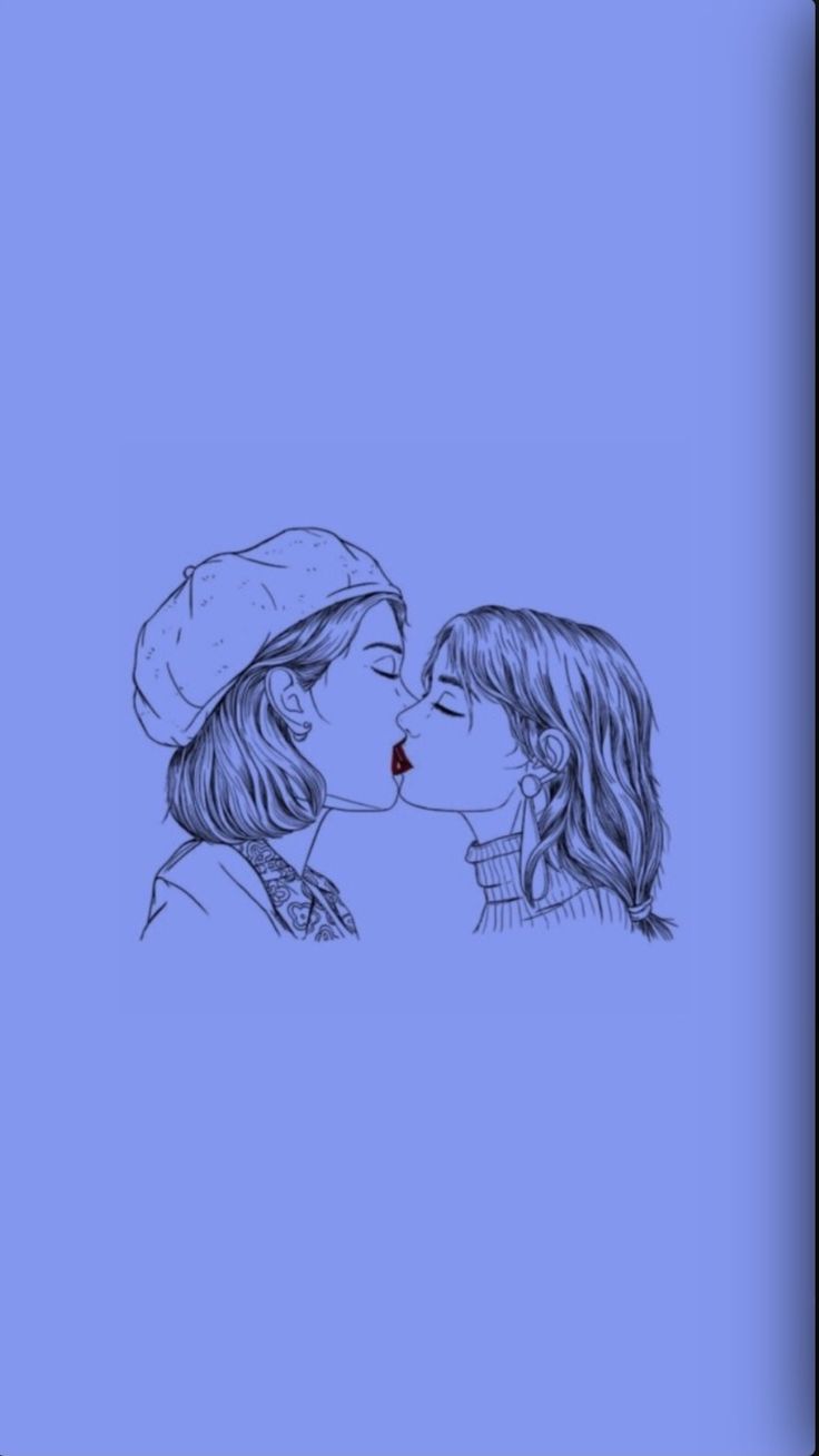 A drawing of two women kissing on blue background - Lesbian