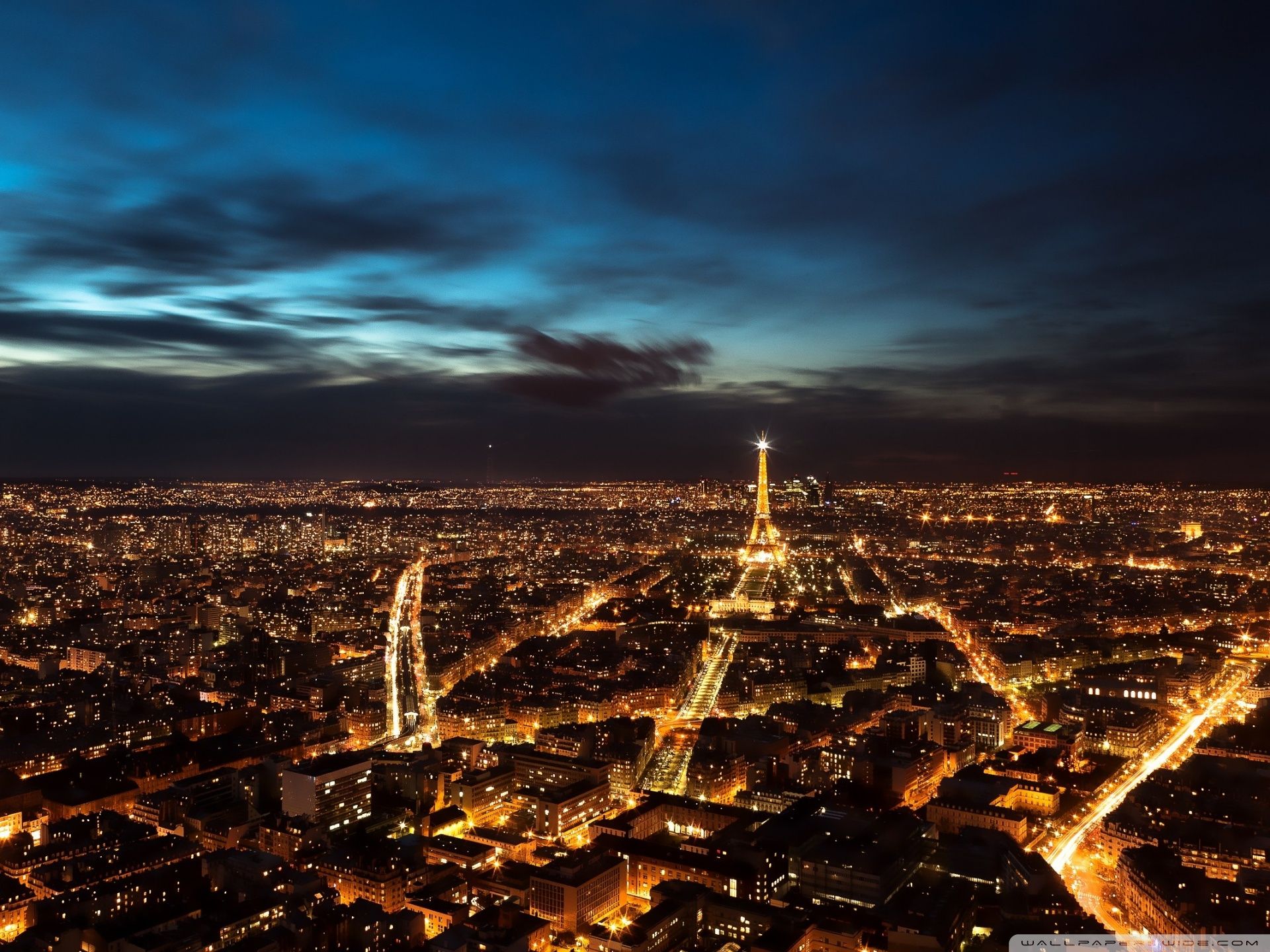 The eiffel tower and city lights at night - Paris