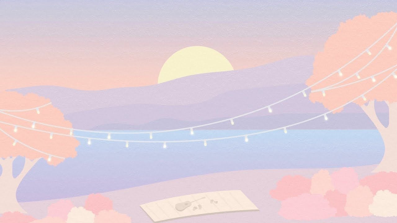 Illustration of a sunset over a field with a note and a string of lights. - Computer, pretty