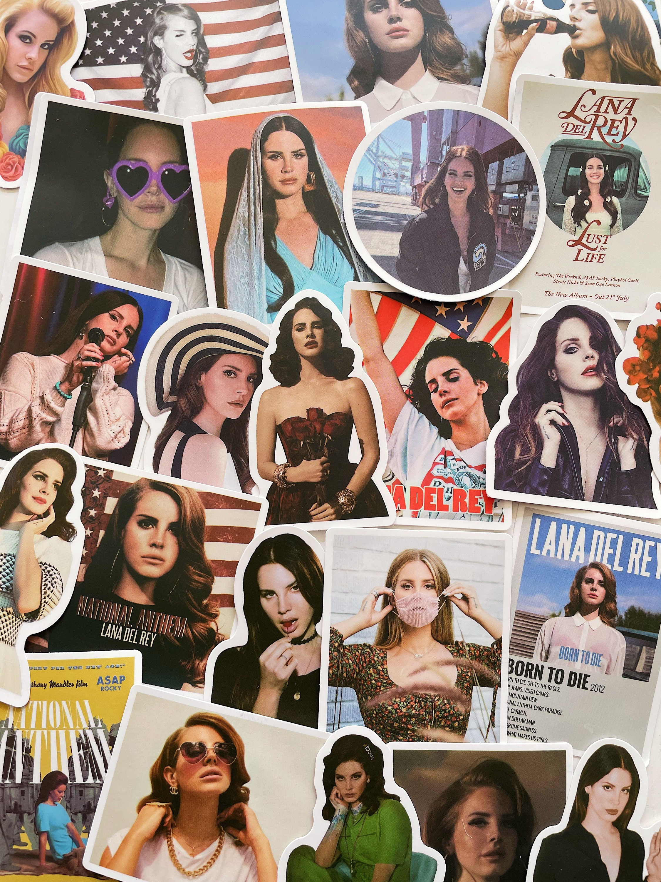 A collage of pictures and stickers - Lana Del Rey