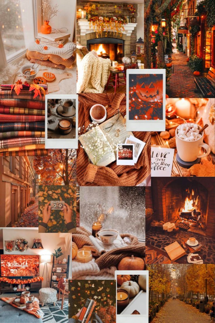 A collage of images of cozy autumn elements such as a warm fireplace, a cozy room, and a warm blanket. - Collage