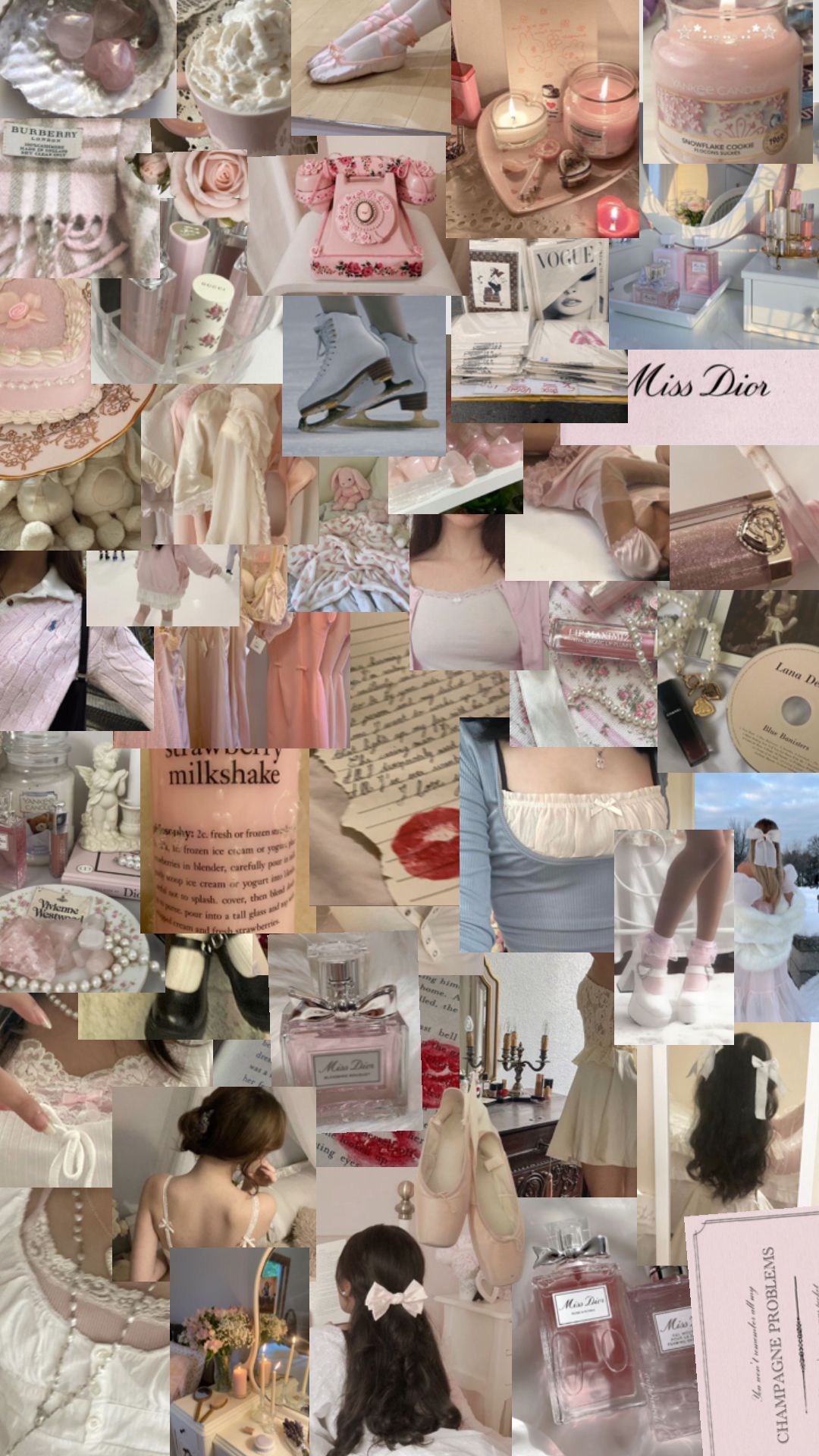 Aesthetic collage of vintage pink beauty products, fashion, and decor - Vogue