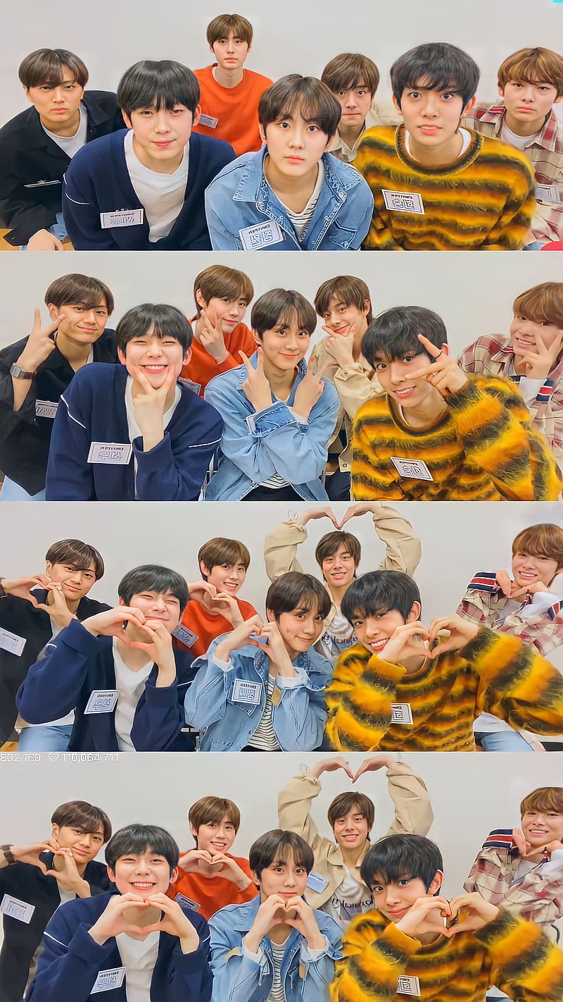 A collage of pictures of TXT members making heart and peace signs with their hands. - Korean