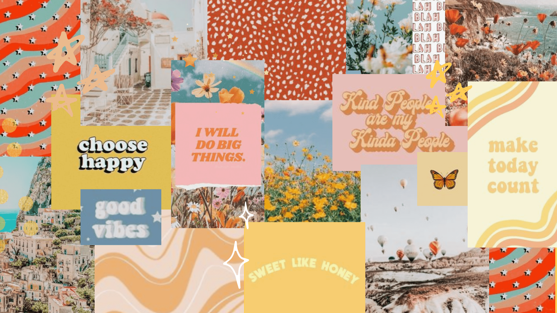 A collage of different images with a yellow and orange theme. - Desktop, computer, collage, happy