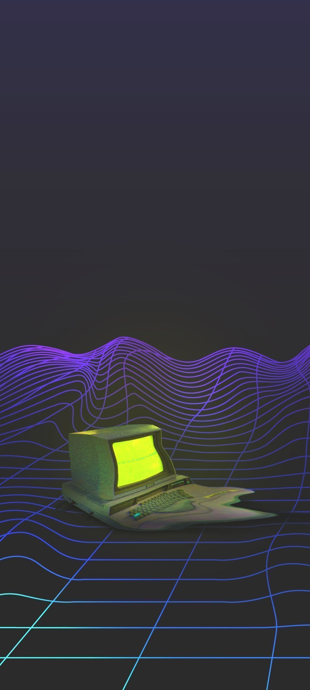 Retro aesthetic phone wallpaper of a neon green glowing laptop - 1080x2400