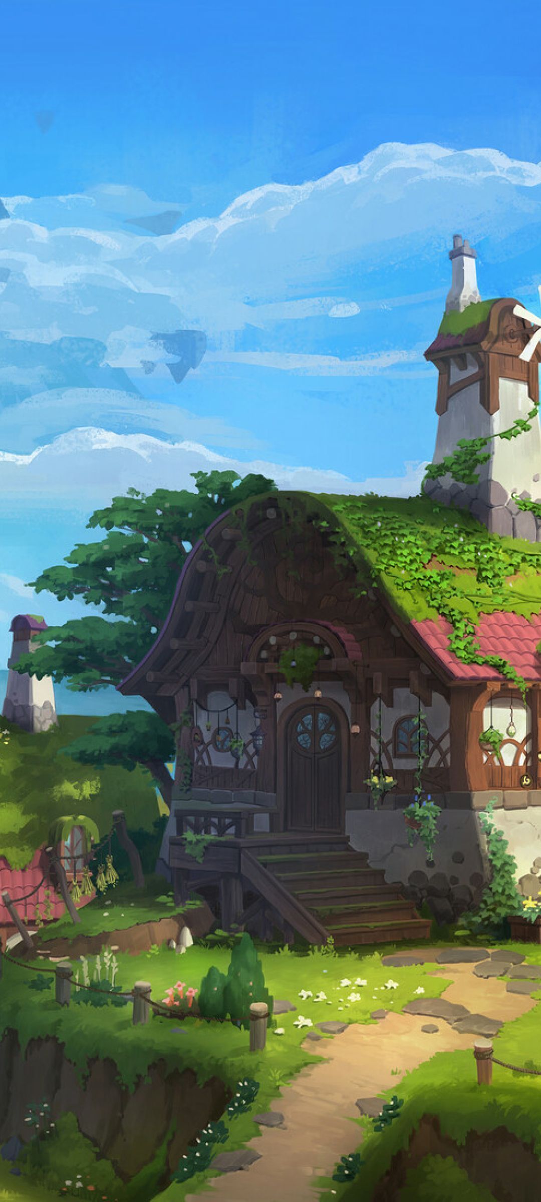 A cartoon house with green grass and flowers - 1080x2400
