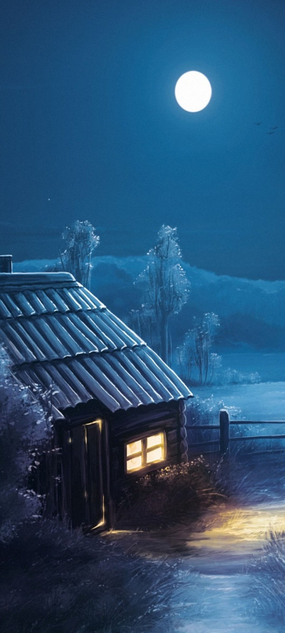 A painting of an old cabin at night - 1080x2400