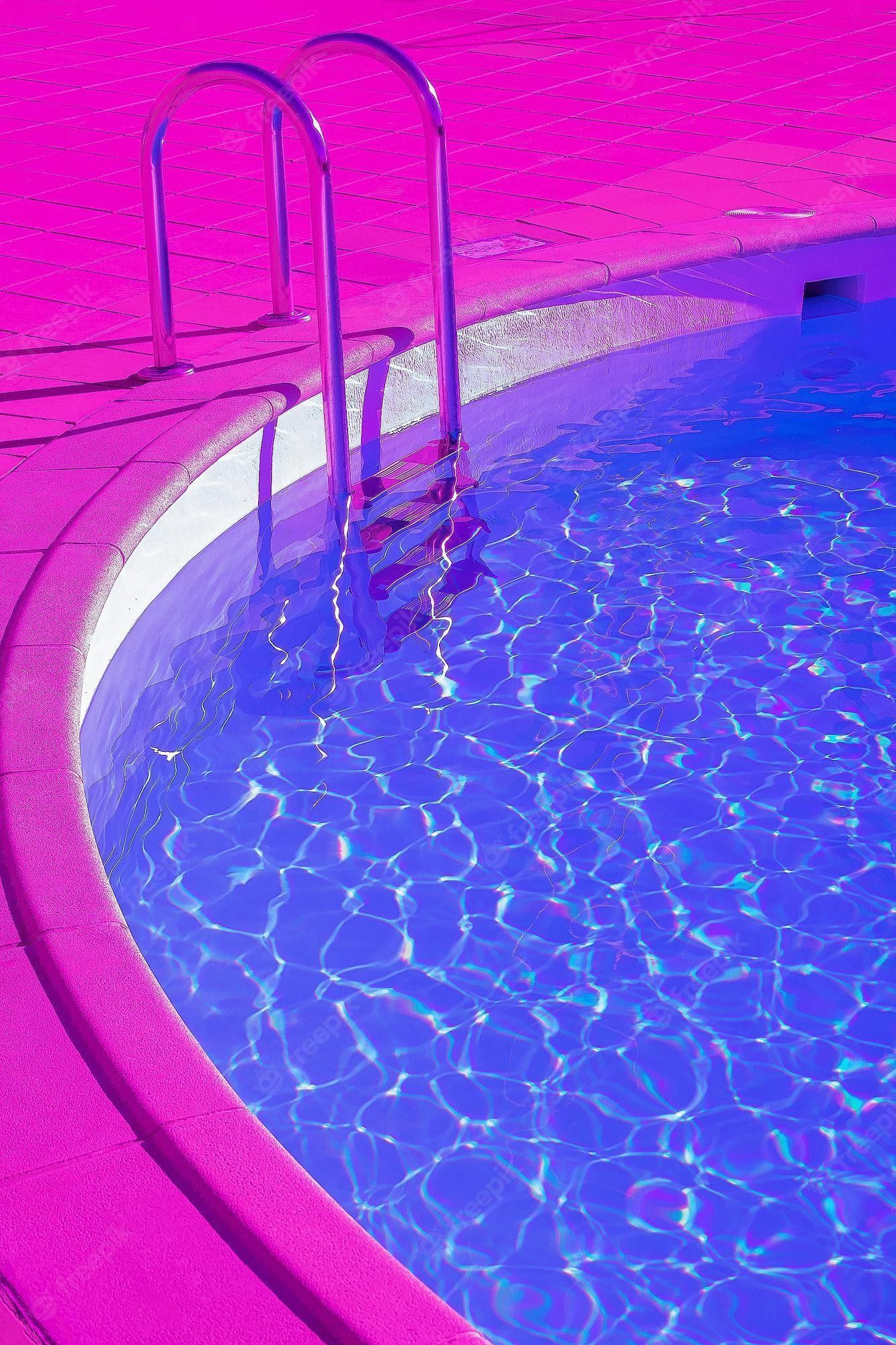 Premium Photo. Fashion tropical minimal location. swimming pool space. vapor wave purple colours style wallpaper. travel aesthetics