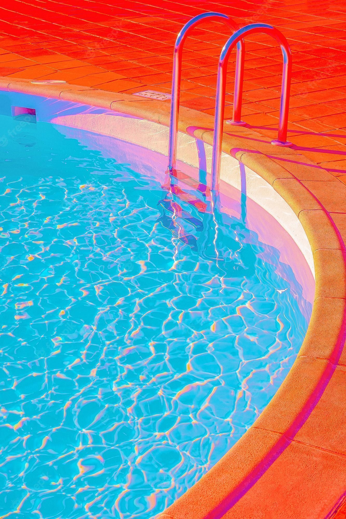 Premium Photo. Fashion tropical minimal location. swimming pool space. vapor wave colours style wallpaper. travel aesthetics