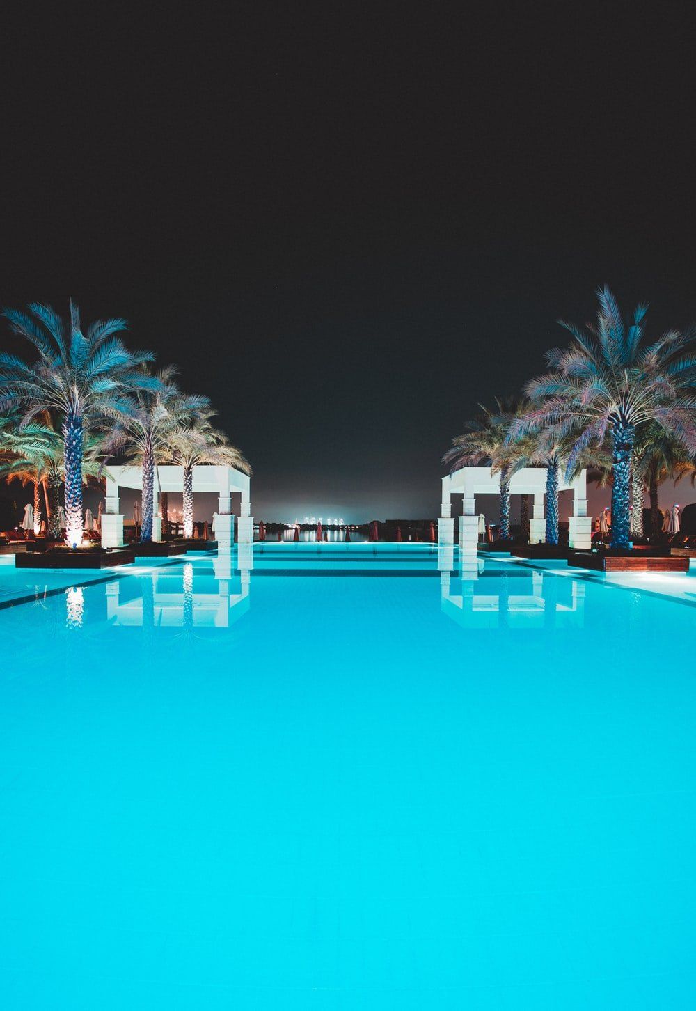 A pool at night with palm trees and blue light - Swimming pool