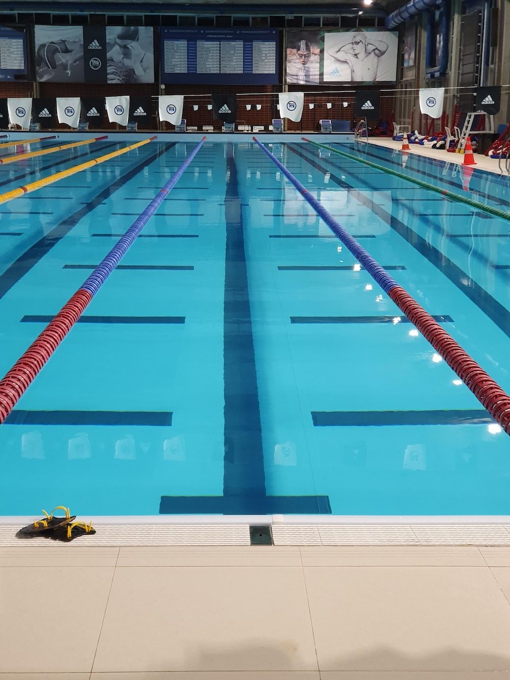 A pool with blue water and red and blue ropes on the side. - Swimming pool