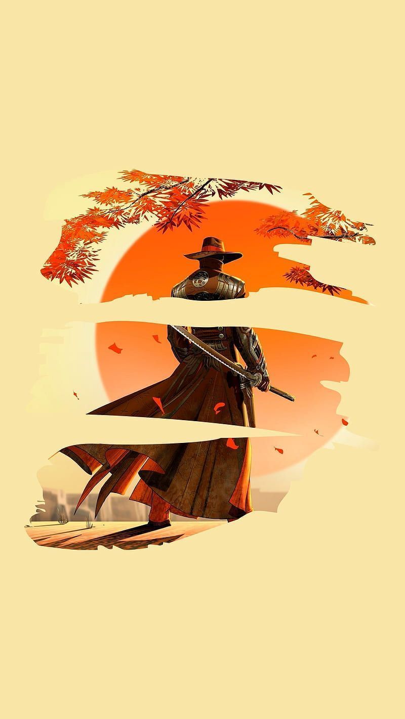 The samurai with a sword in front of an orange sun - Samurai