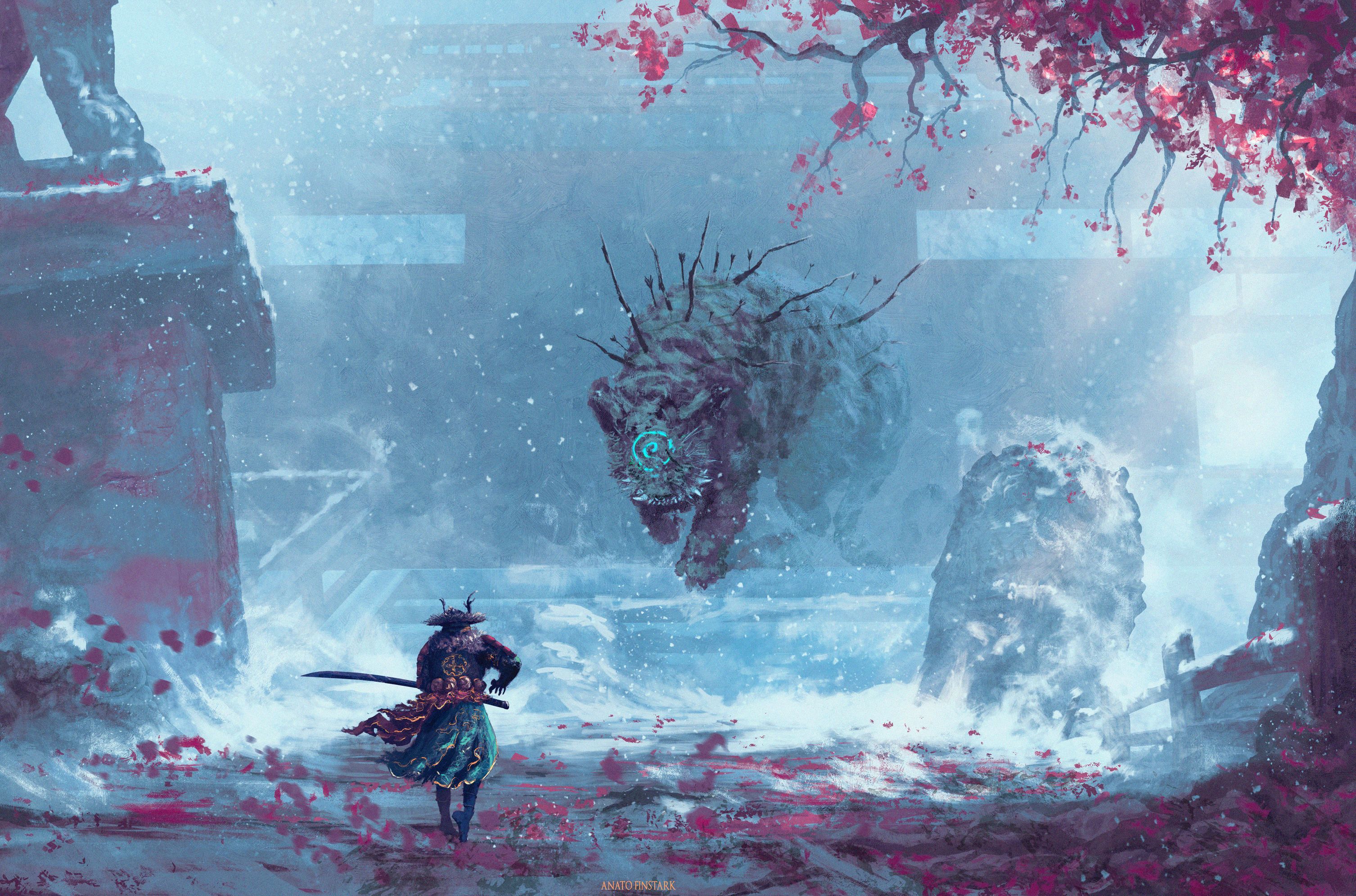 2560x1440 Artwork of a samurai facing a massive deer-like creature in a snowy, cherry blossom-filled forest - Samurai
