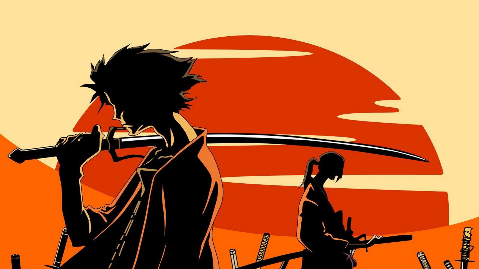 A man and woman holding swords in front of an orange sunset - Samurai