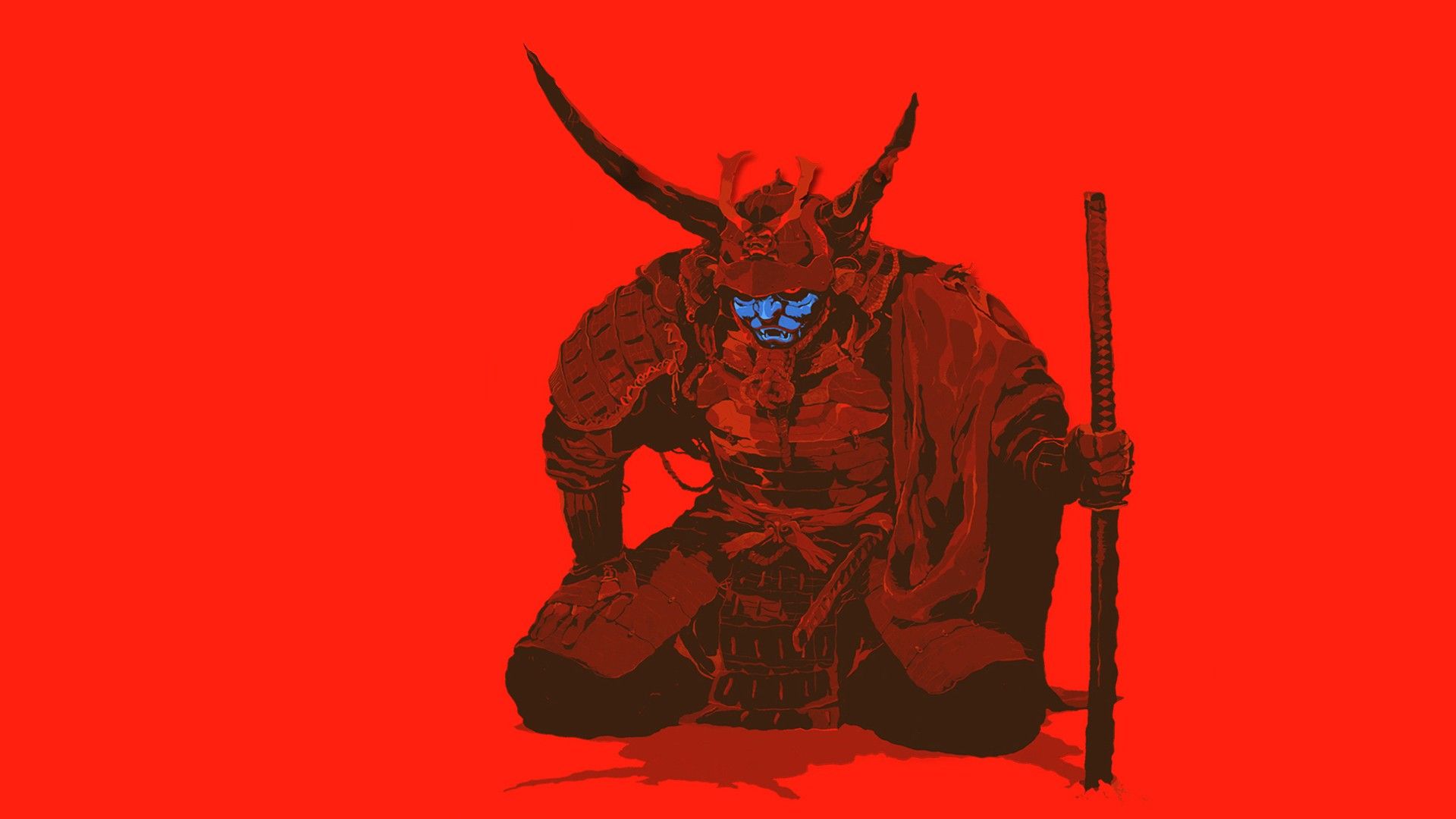 A samurai in red and black, holding a sword and kneeling on the ground. - Samurai