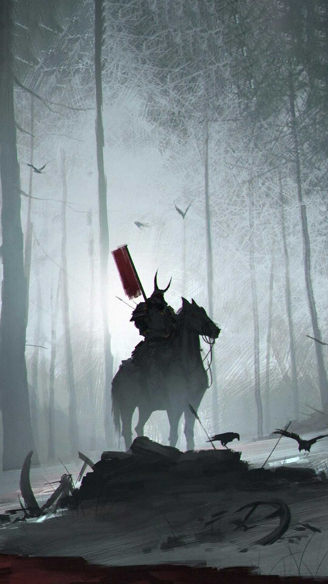 A man riding on horseback in the woods - Samurai
