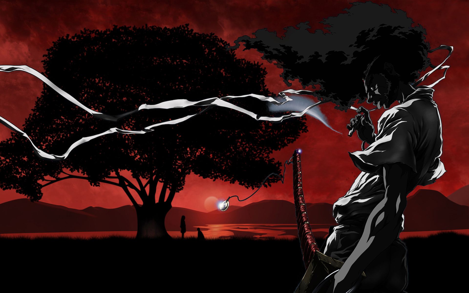 Afro Samurai, anime, sword, the red sky, the lake - Samurai