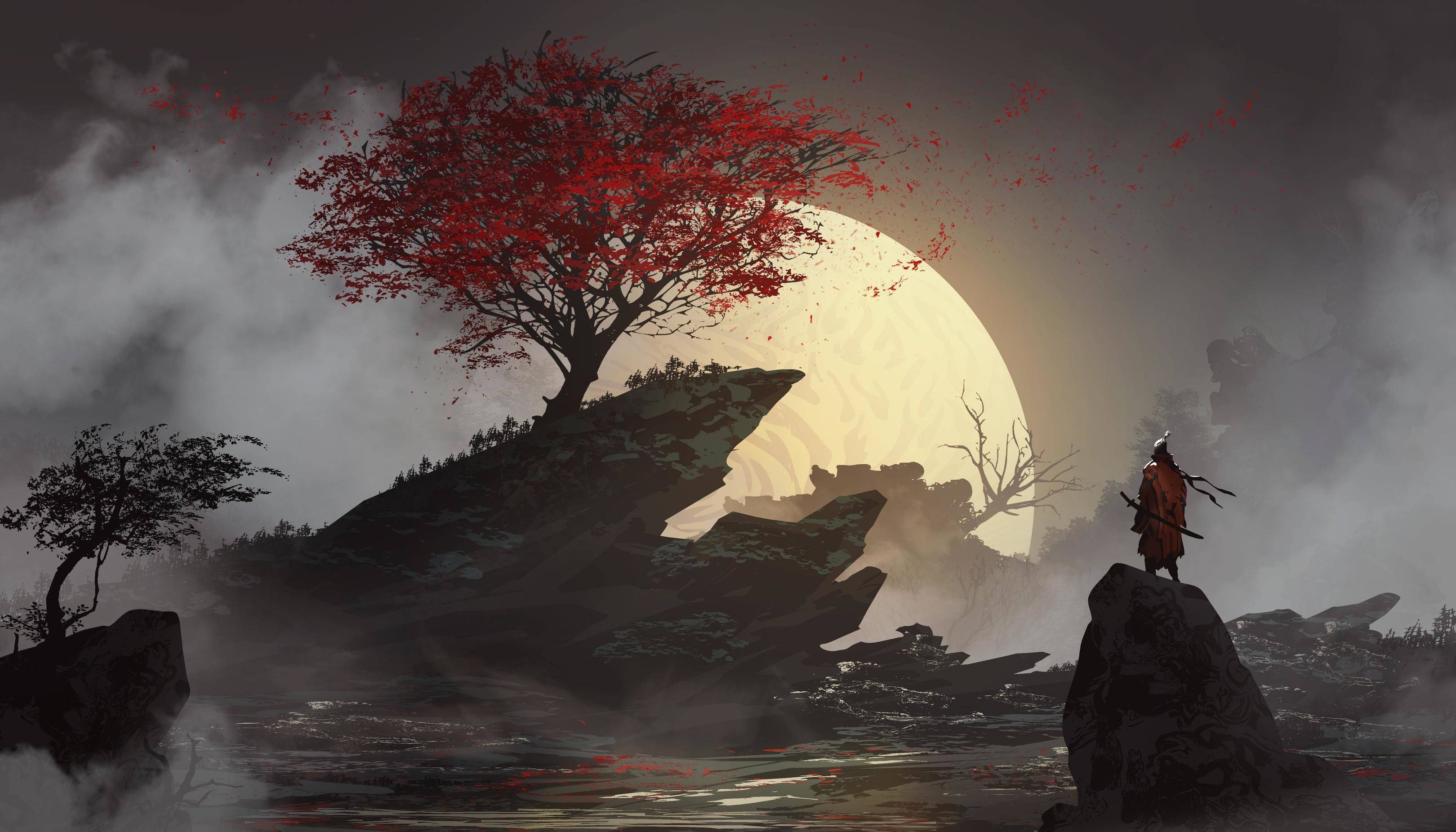A man standing on rocks with red leaves - Samurai