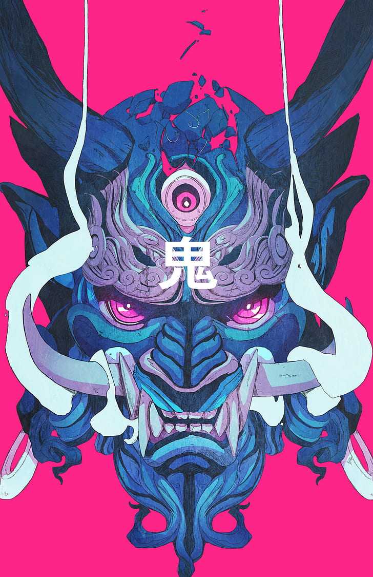 A digital painting of a Japanese demon mask with the kanji for 