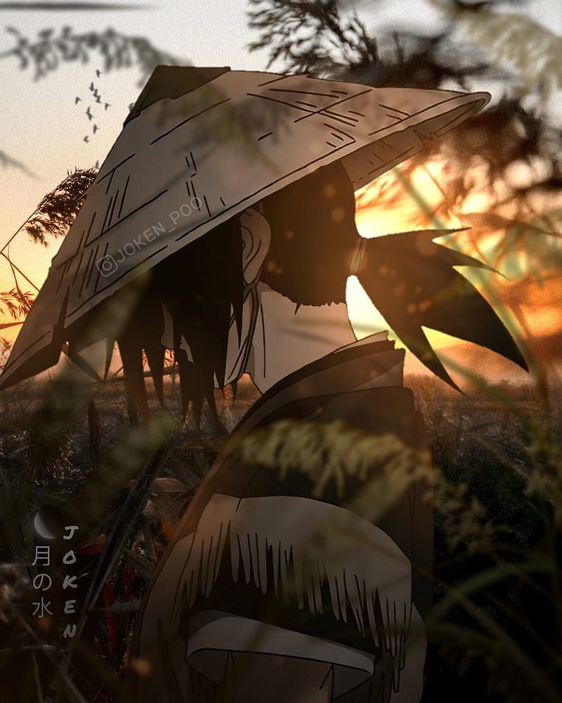 A samurai stands in the sunset with a broken umbrella. - Samurai