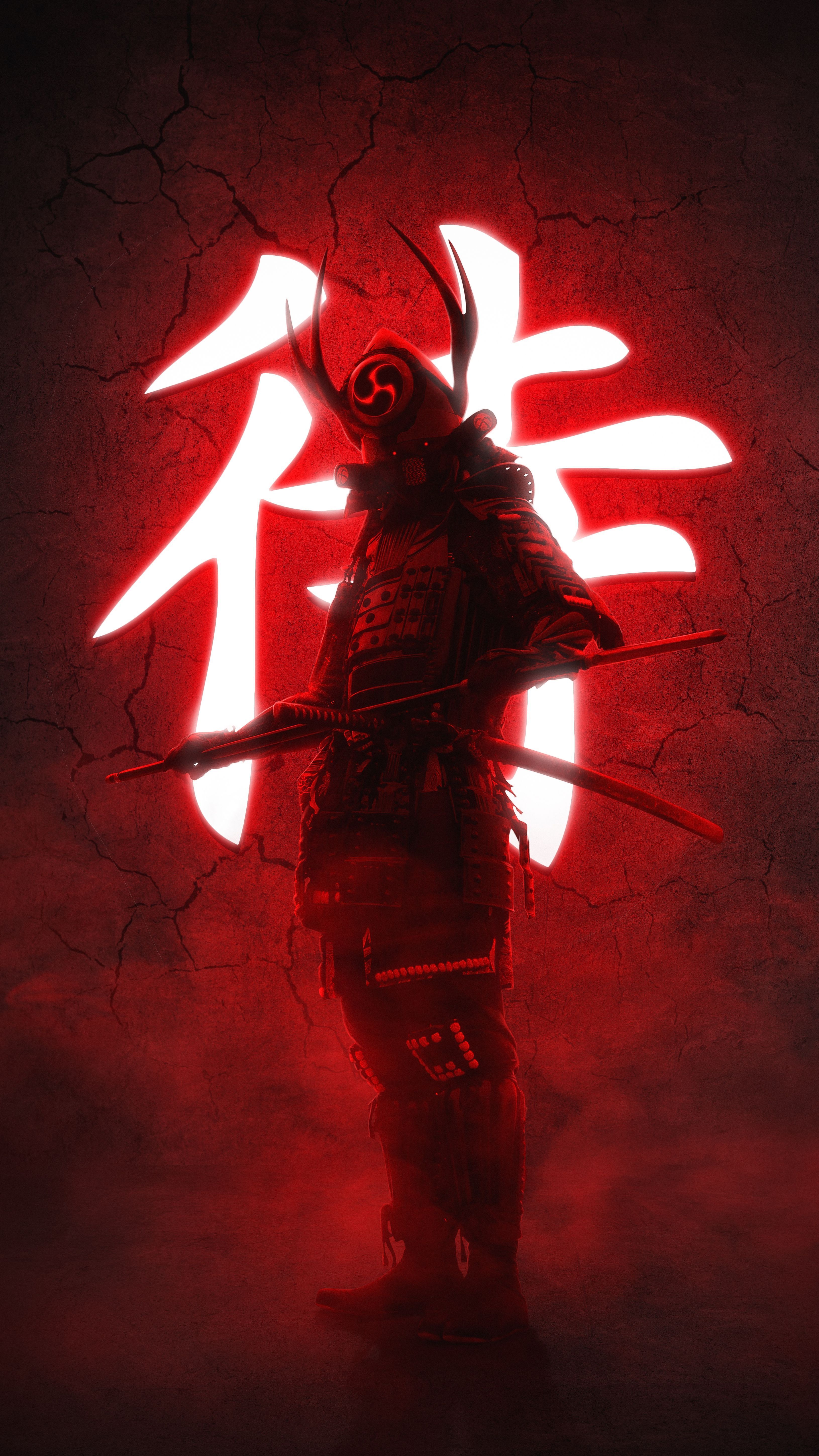 A samurai stands in front of a red glowing kanji character for 