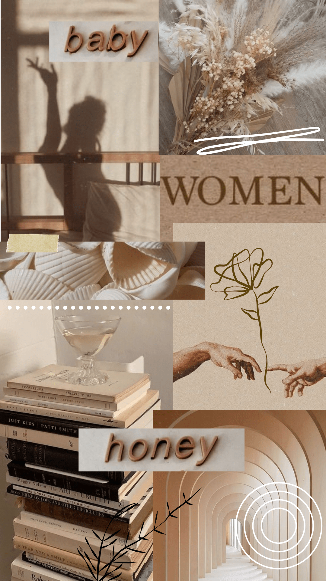 A collage of images including a woman's silhouette, books, flowers, and the word 