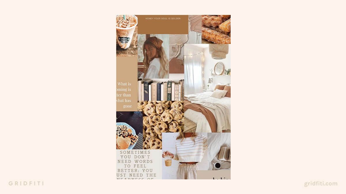 Gridfiti mood board featuring a woman, books, a bed, and a quote. - Neutral