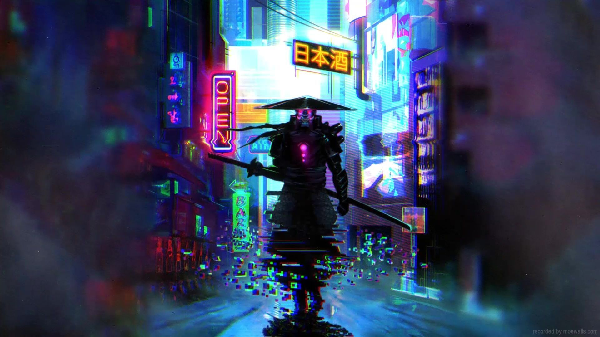 A man in armor holding an umbrella walking down the street - Samurai