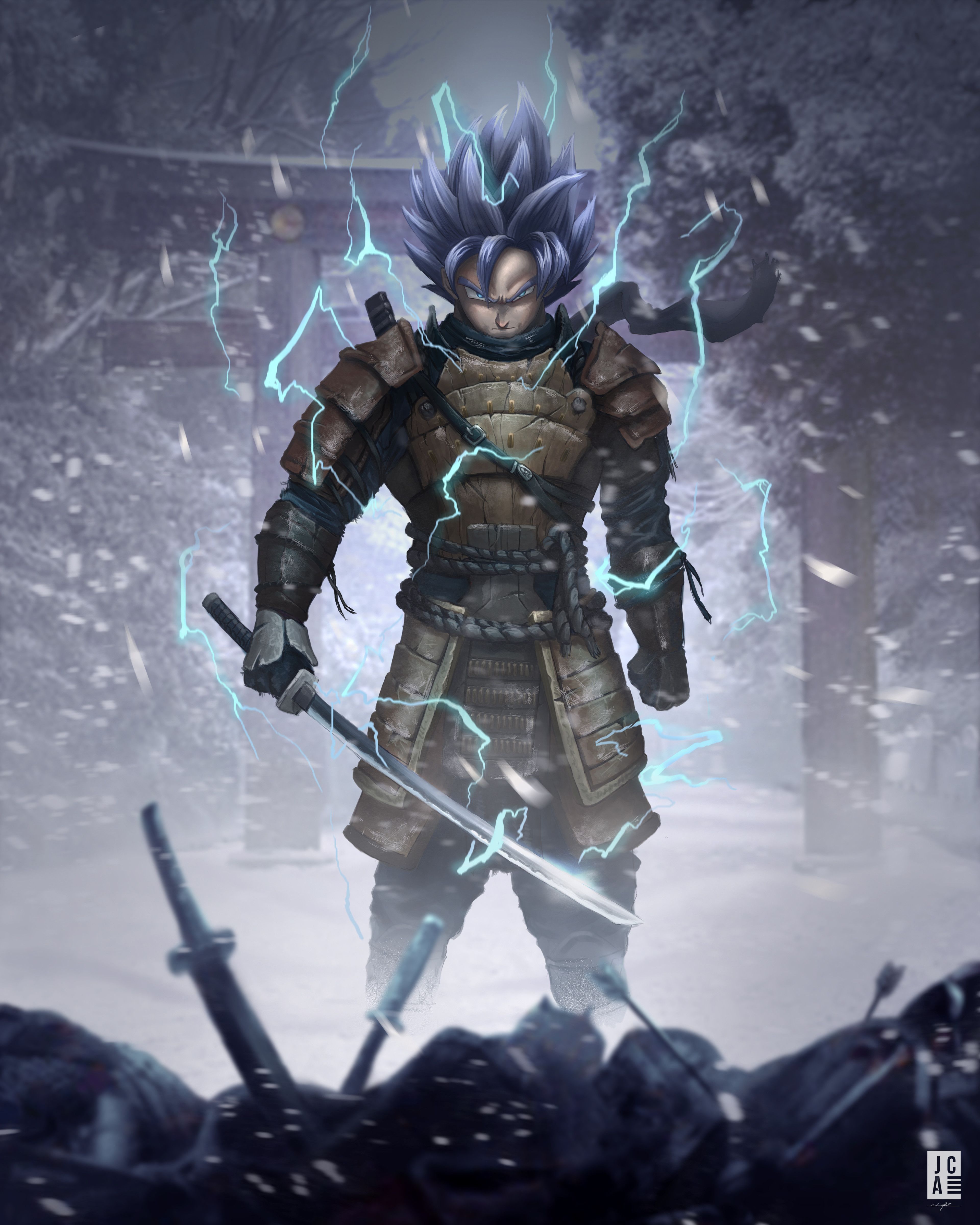 A man with blue hair and swords - Samurai
