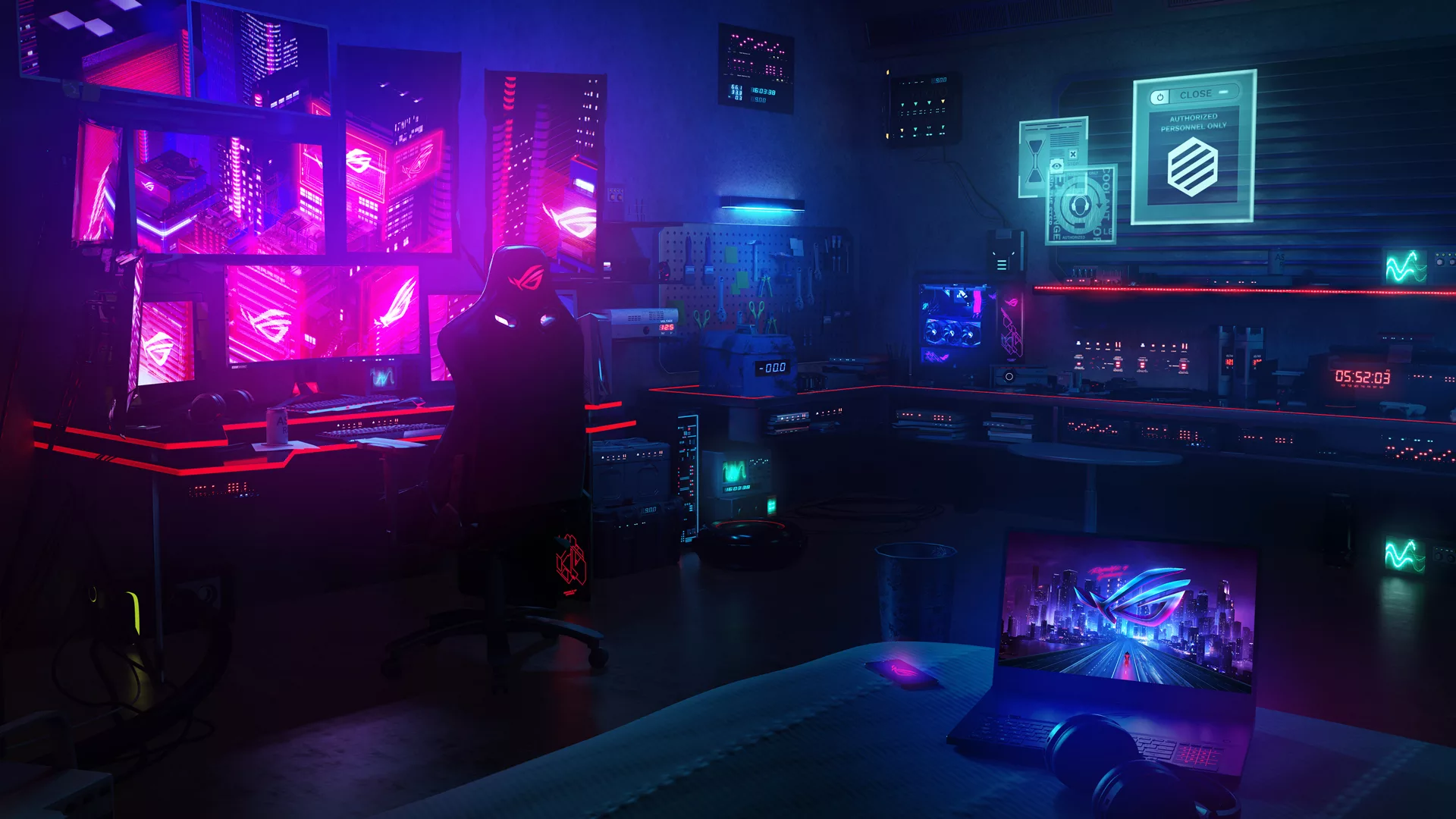 A cyberpunk-inspired room with multiple screens, gaming equipment, and neon lights. - Technology, gaming