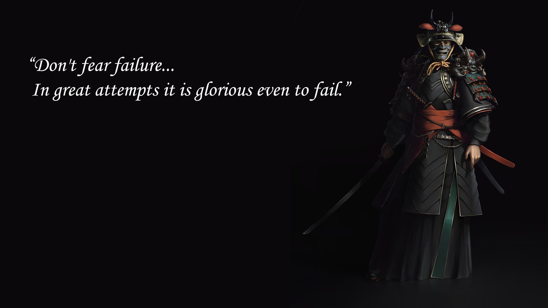 A woman in armor with swords and the words don't fear failure - Samurai