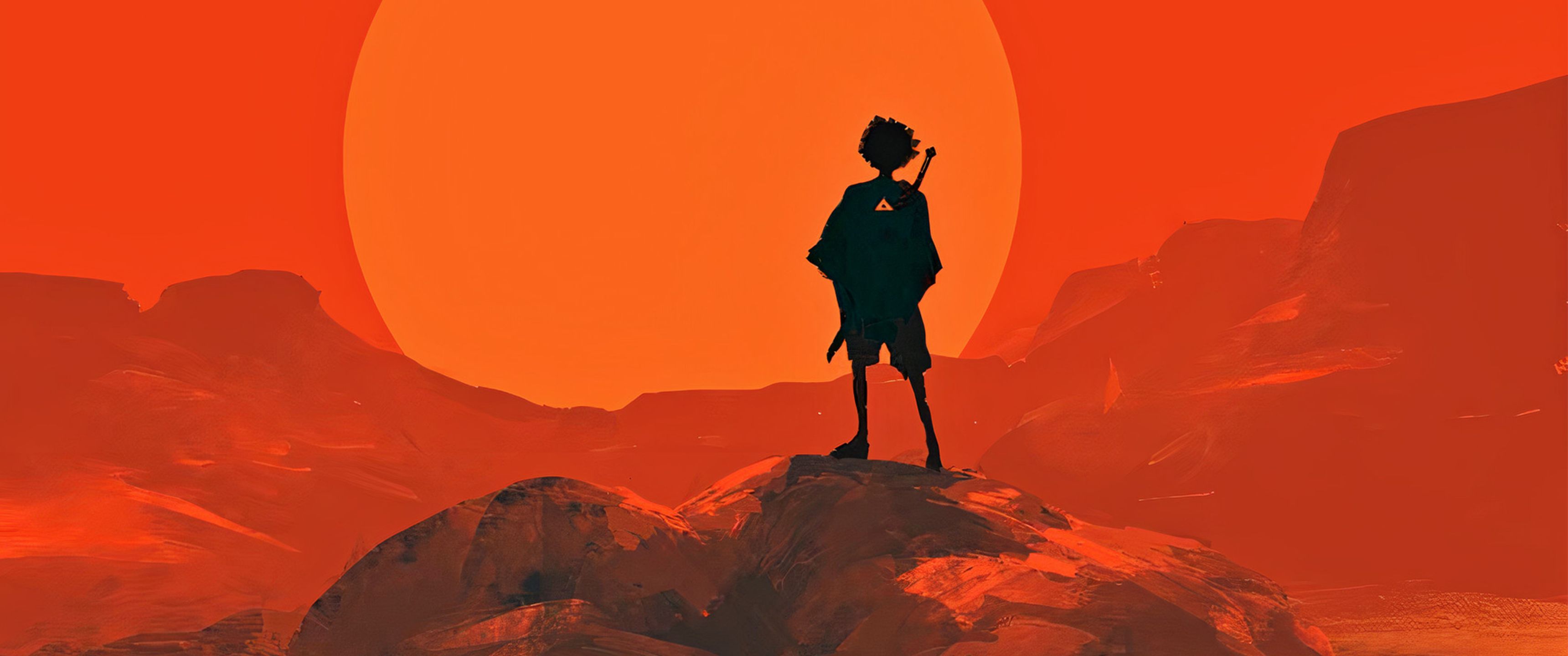 A man standing on top of the mountain with an orange sun in front - Samurai