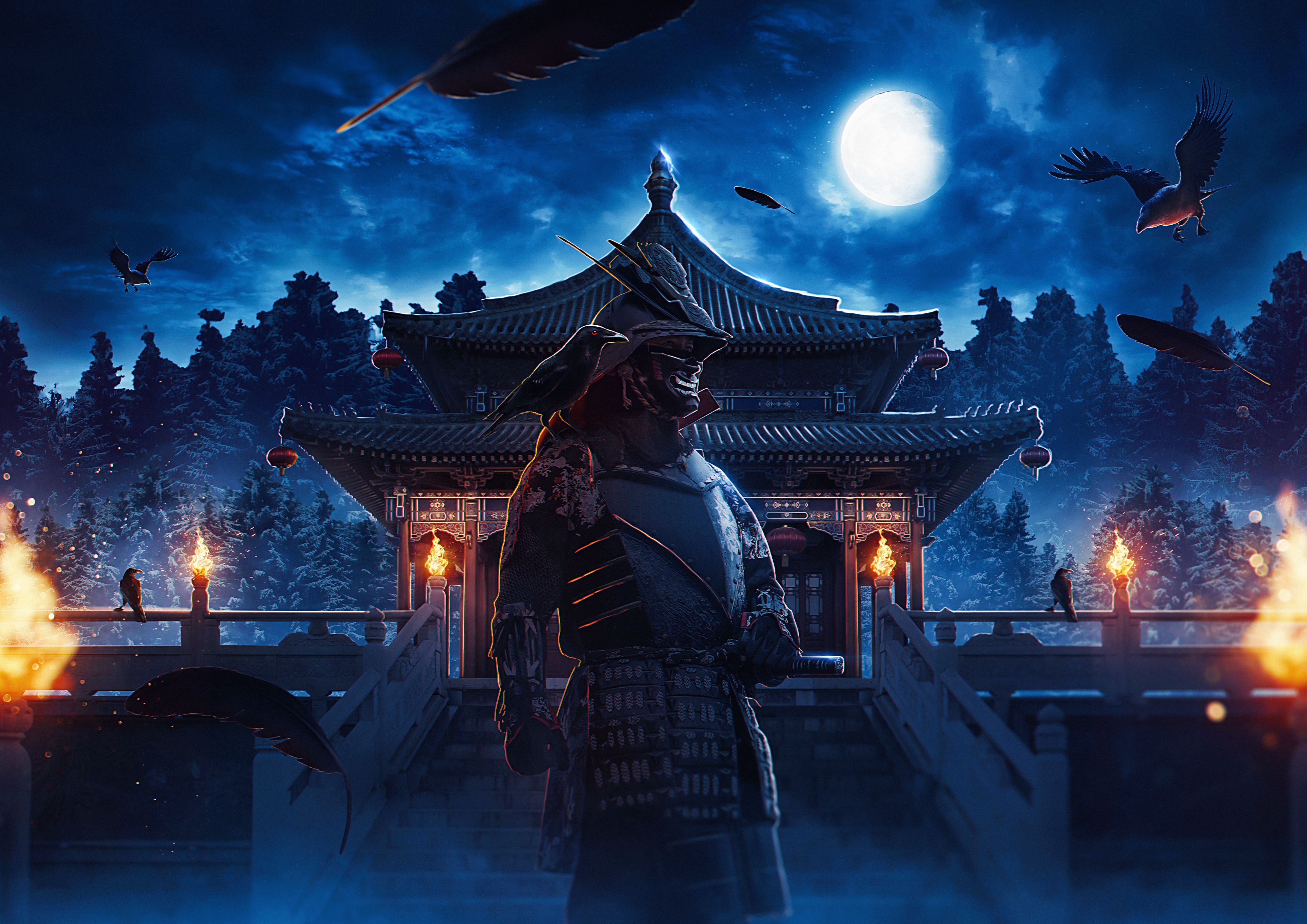 A samurai stands in front of a pagoda at night - Samurai