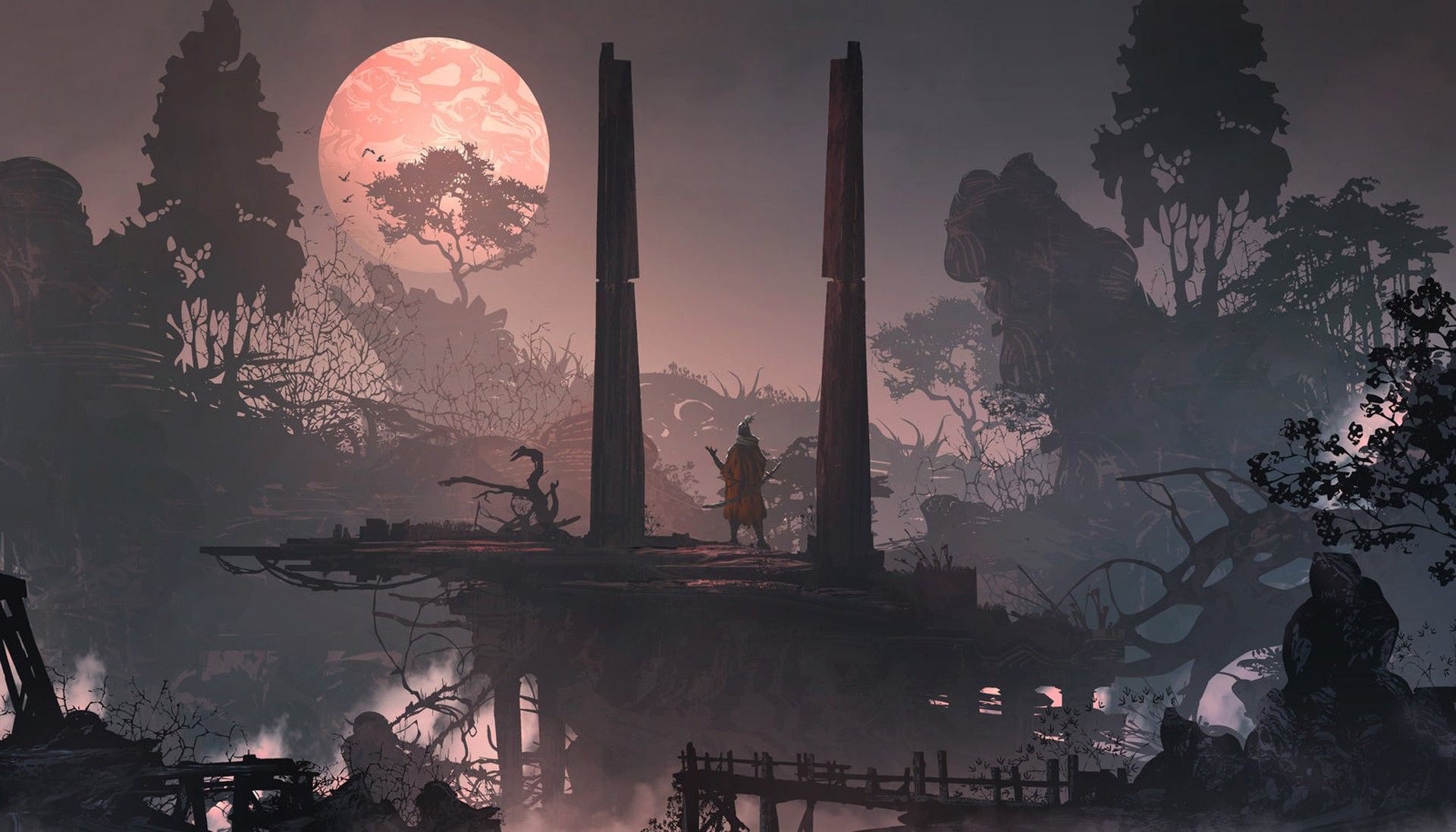 A character stands on a broken bridge in a dark, misty forest, with a giant moon in the sky. - Samurai